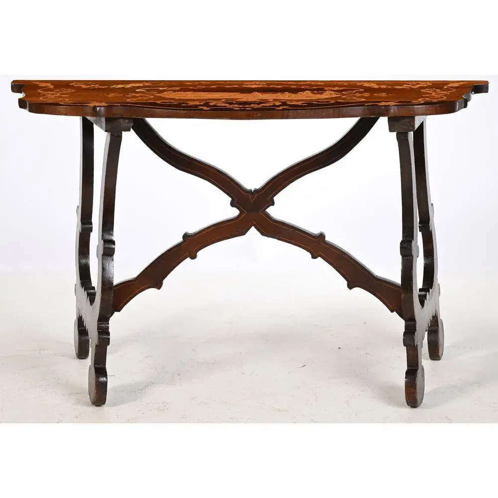 ITALIAN CONSOLE TABLE made of precious wood veneer, featuring a marquetry