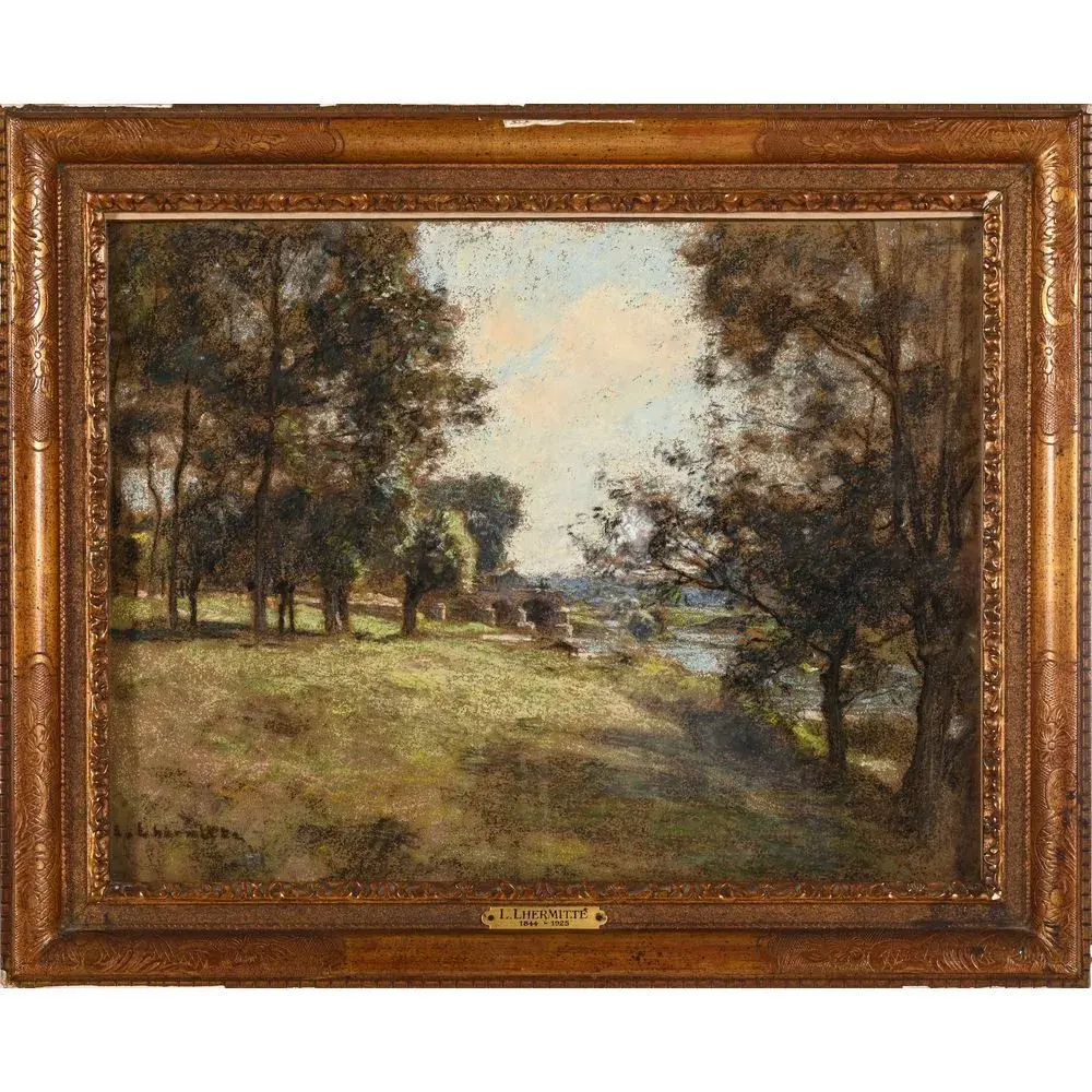 LHERMITTE, Léon. (1844–1925). “Landscape by the River with a Charming