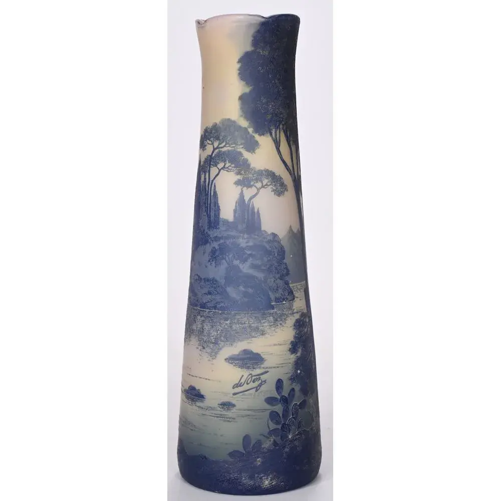 DEVEZ. BEAUTIFUL acid-etched glass vase decorated in shades of blue