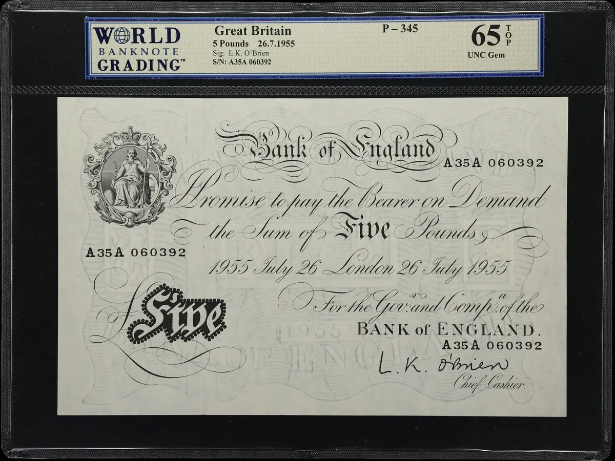 GREAT BRITAIN. Bank of England. 5 Pounds, 26.7.1955. P-345. WBG Gem