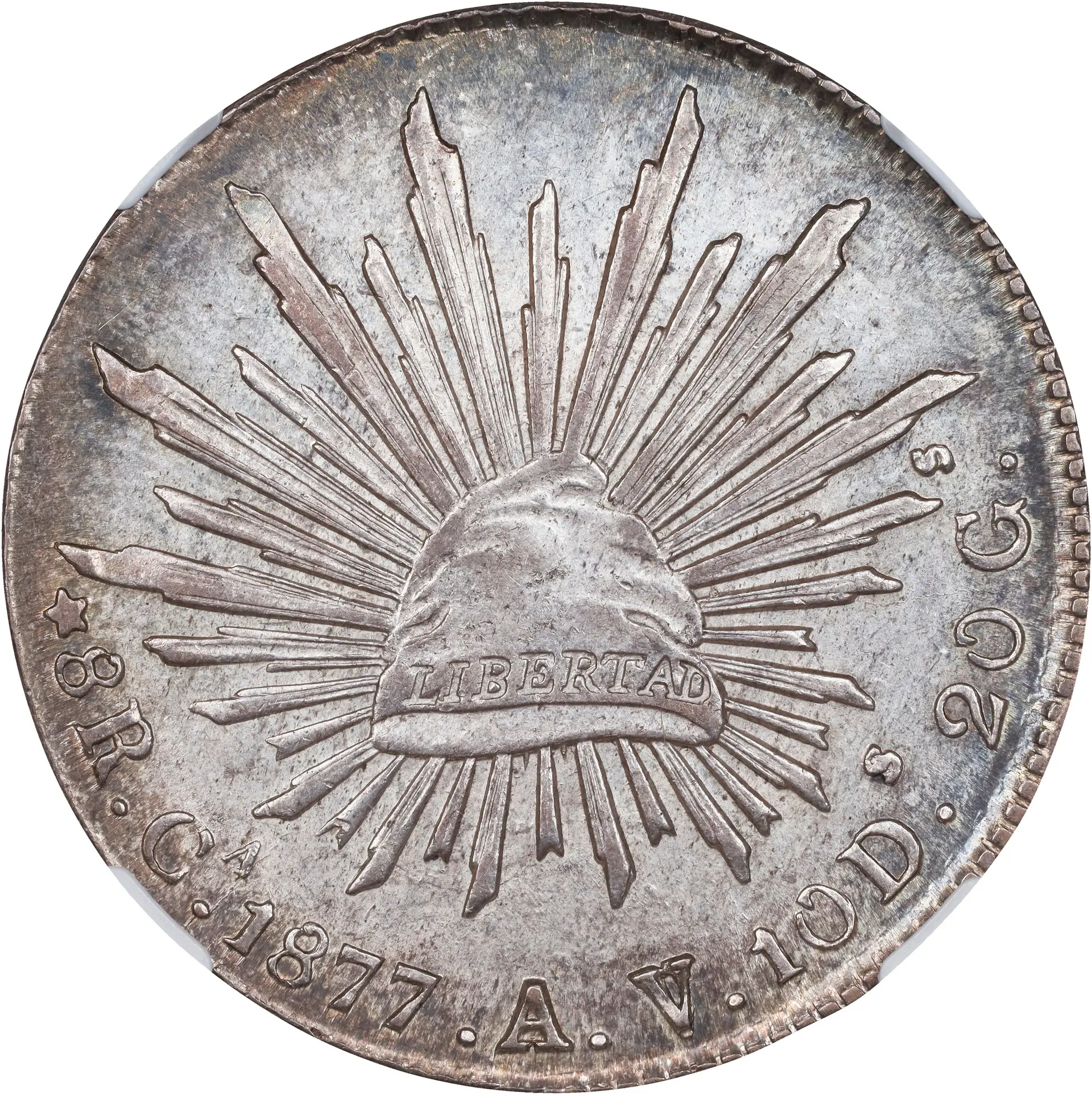 MEXICO. 8 Reales, 1877-Ca AV. Chihuahua Mint. NGC MS-61.