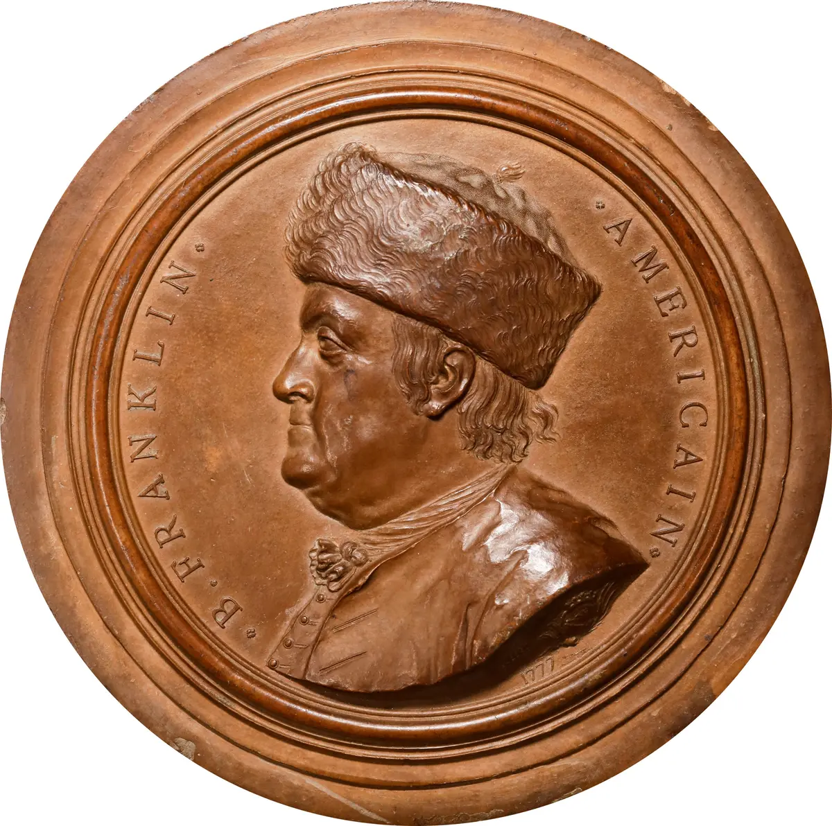 1777 B. Franklin Américain Portrait Medallion. Fur Cap without Spectacles.