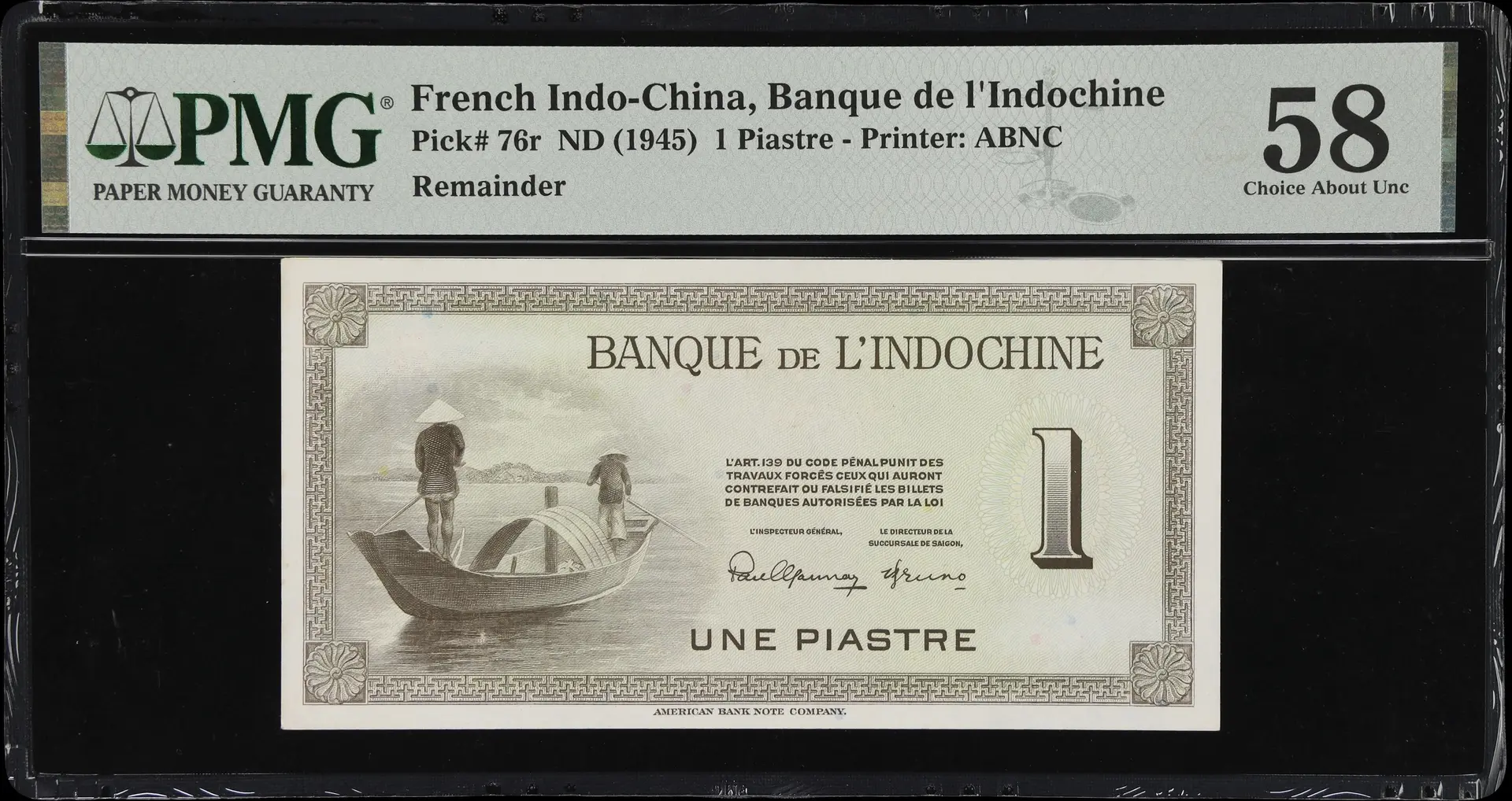 FRENCH INDO-CHINA. Banque de l'Indochine. 1 Piastre, ND (1945). P-76r.