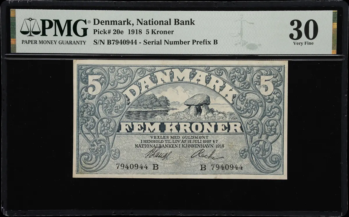 (◊) DENMARK. Nationalbanken i Kjobenhavn. 5 Kroner, 1918. P-20e. Sieg
