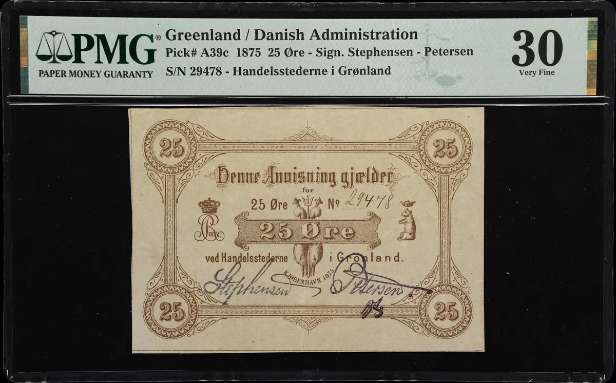 (◊) GREENLAND. Handelsstederne i Gronland. 25 Ore, 1875. P-A39c. Sieg