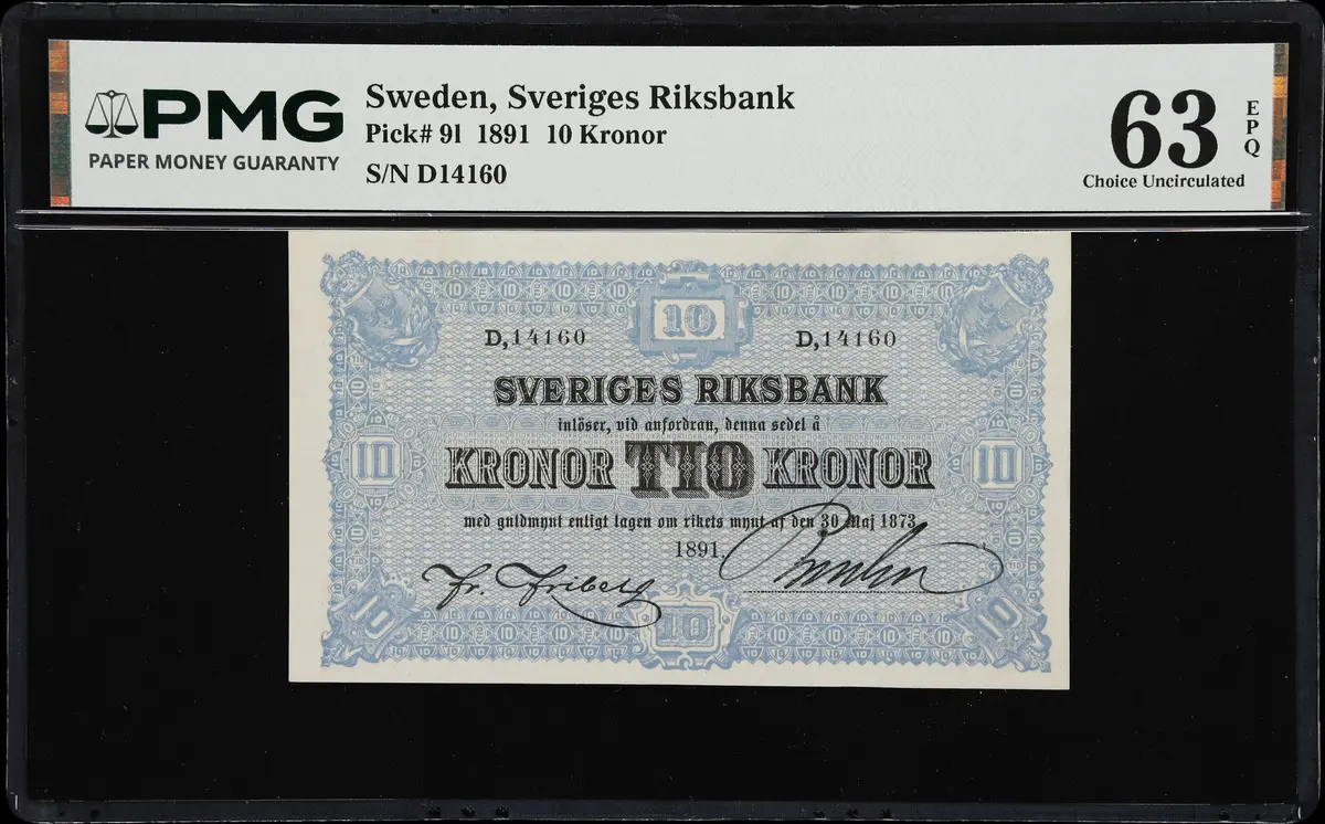 (◊) SWEDEN. Sveriges Riksbank. 10 Kronor, 1891. P-9l. PMG Choice Uncirculated