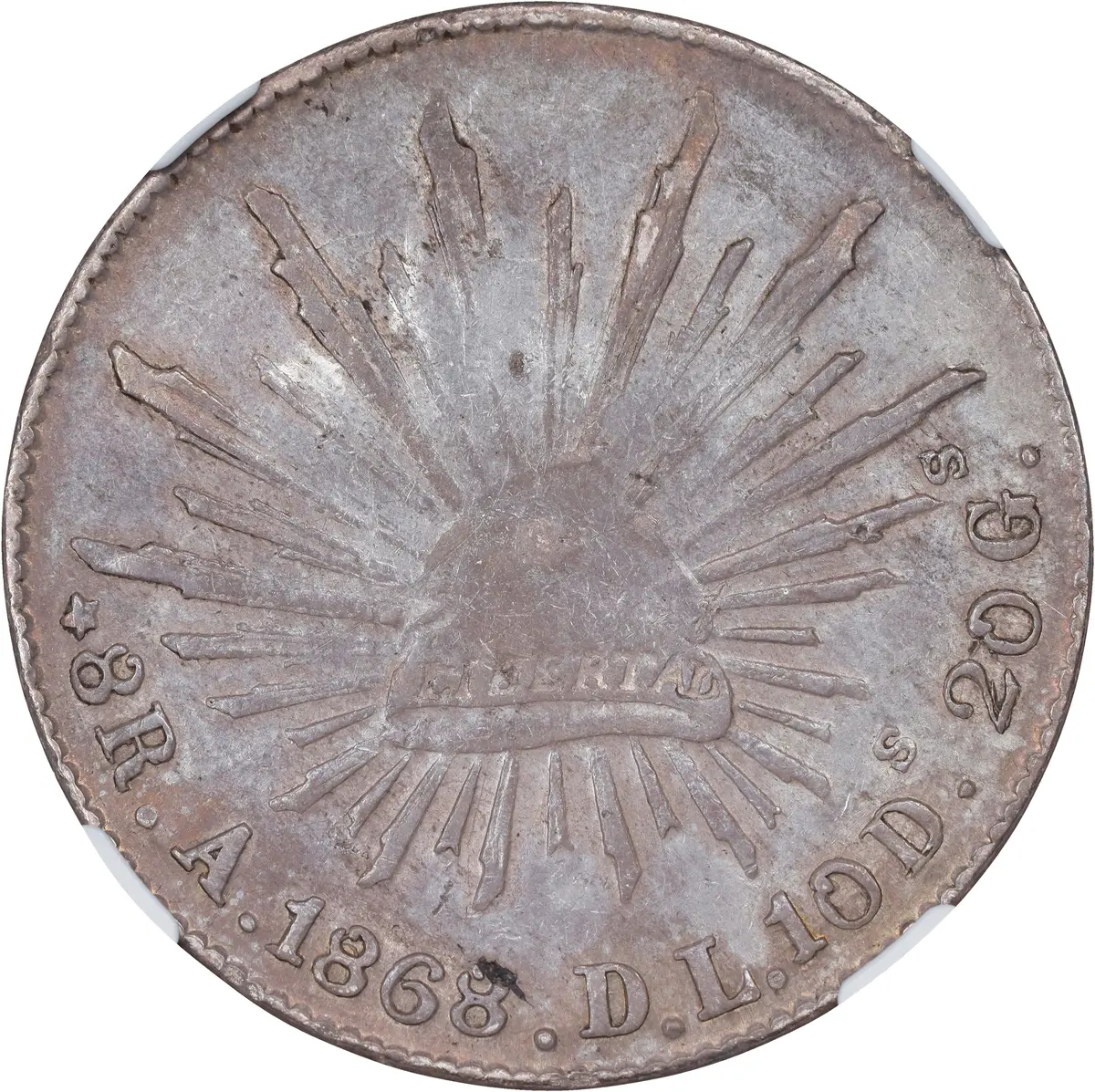 MEXICO. 8 Reales, 1868-A DL. Alamos Mint. NGC AU-55.