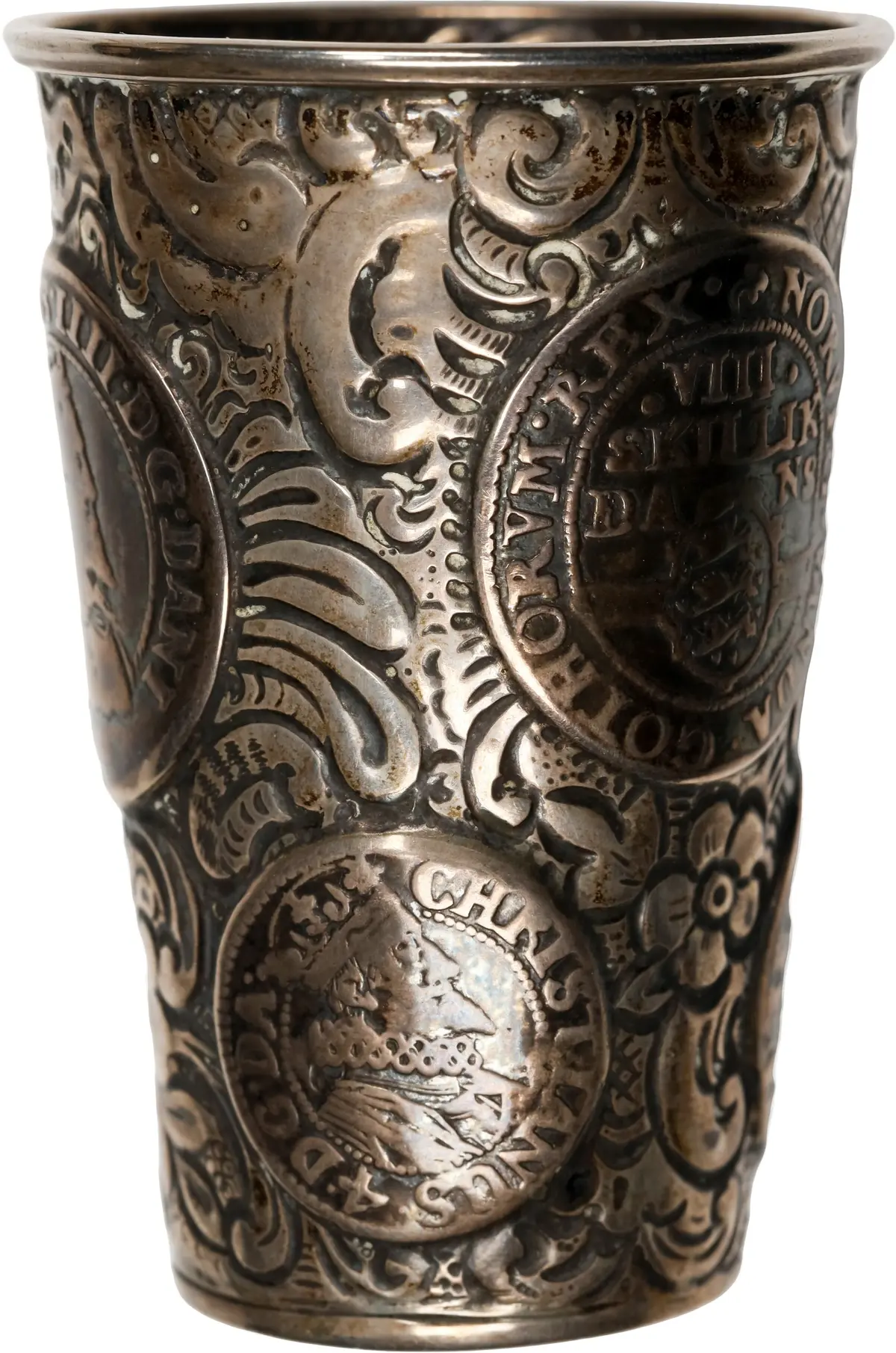 DENMARK. Baroque Silver Cup with Coins of Christian IV. AS MADE.