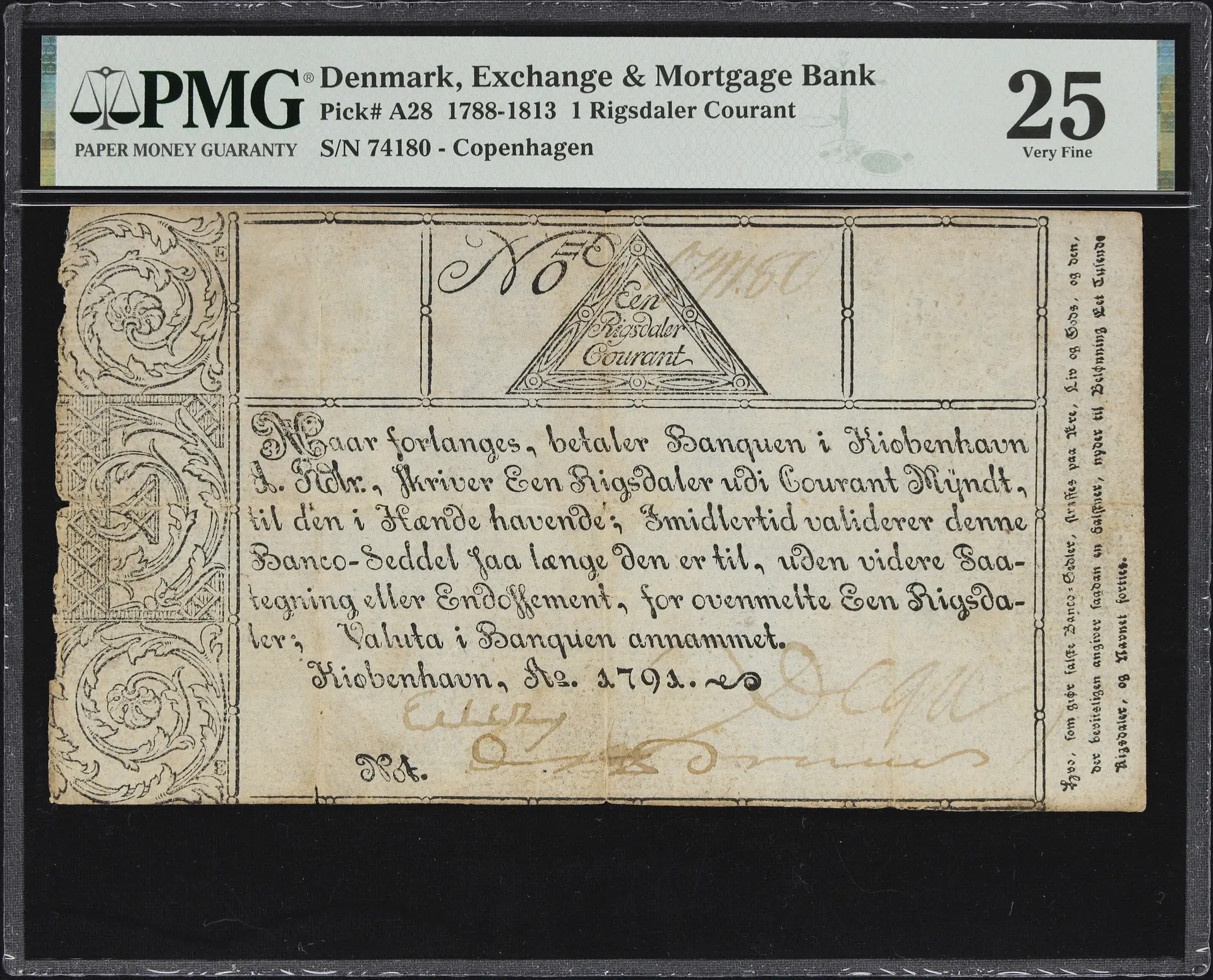 (◊) DENMARK. Exchange & Mortgage Bank. 1 Rigsdaler Courant, 1791.