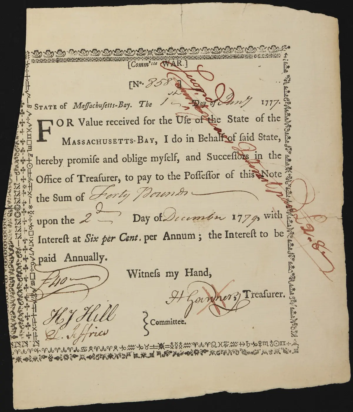Massachusetts-Bay Treasury Certificate. January 1, 1777. 40 Pounds. Very Fine.