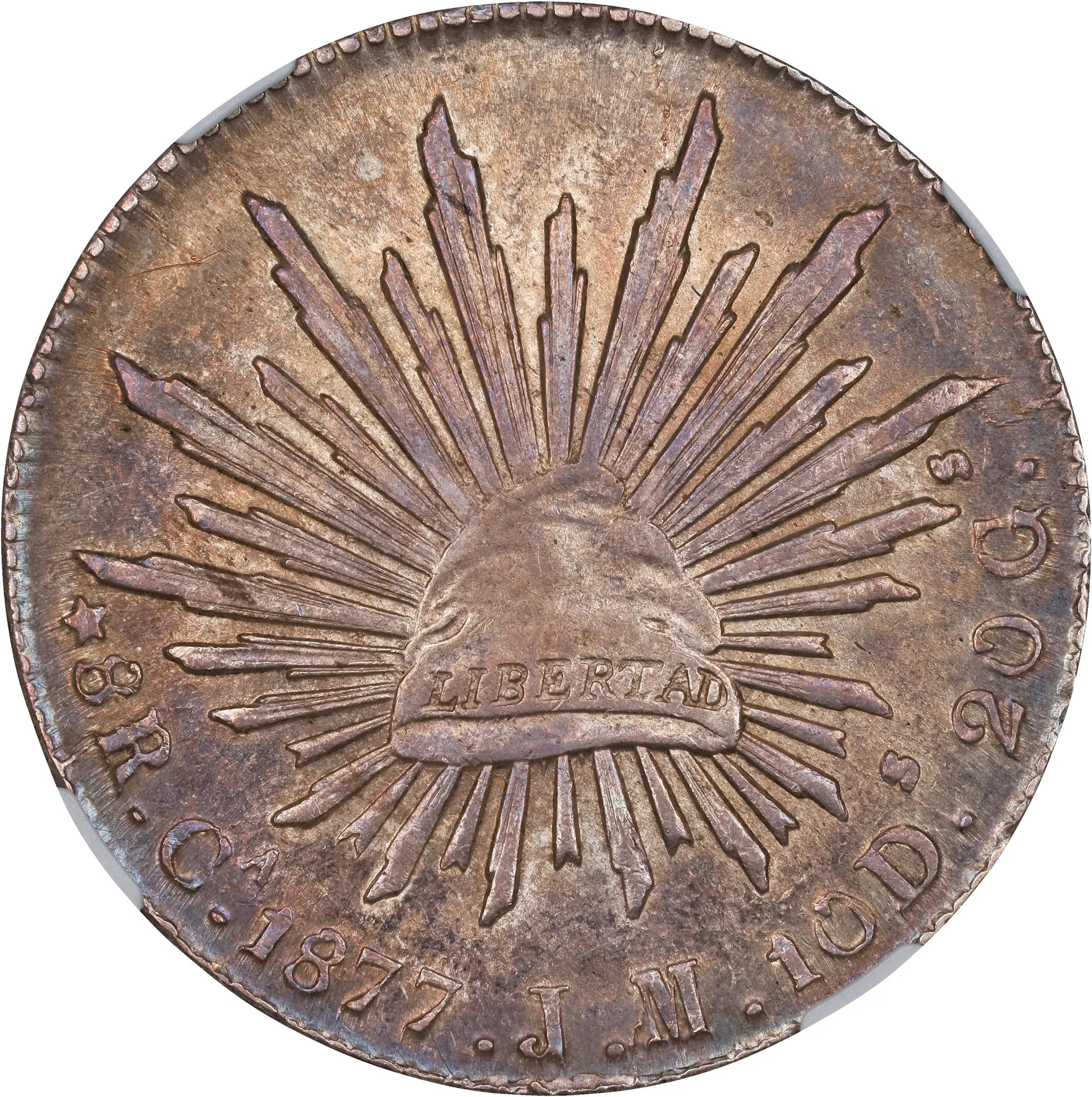 MEXICO. 8 Reales, 1877-Ca JM. Chihuahua Mint. NGC AU-58.