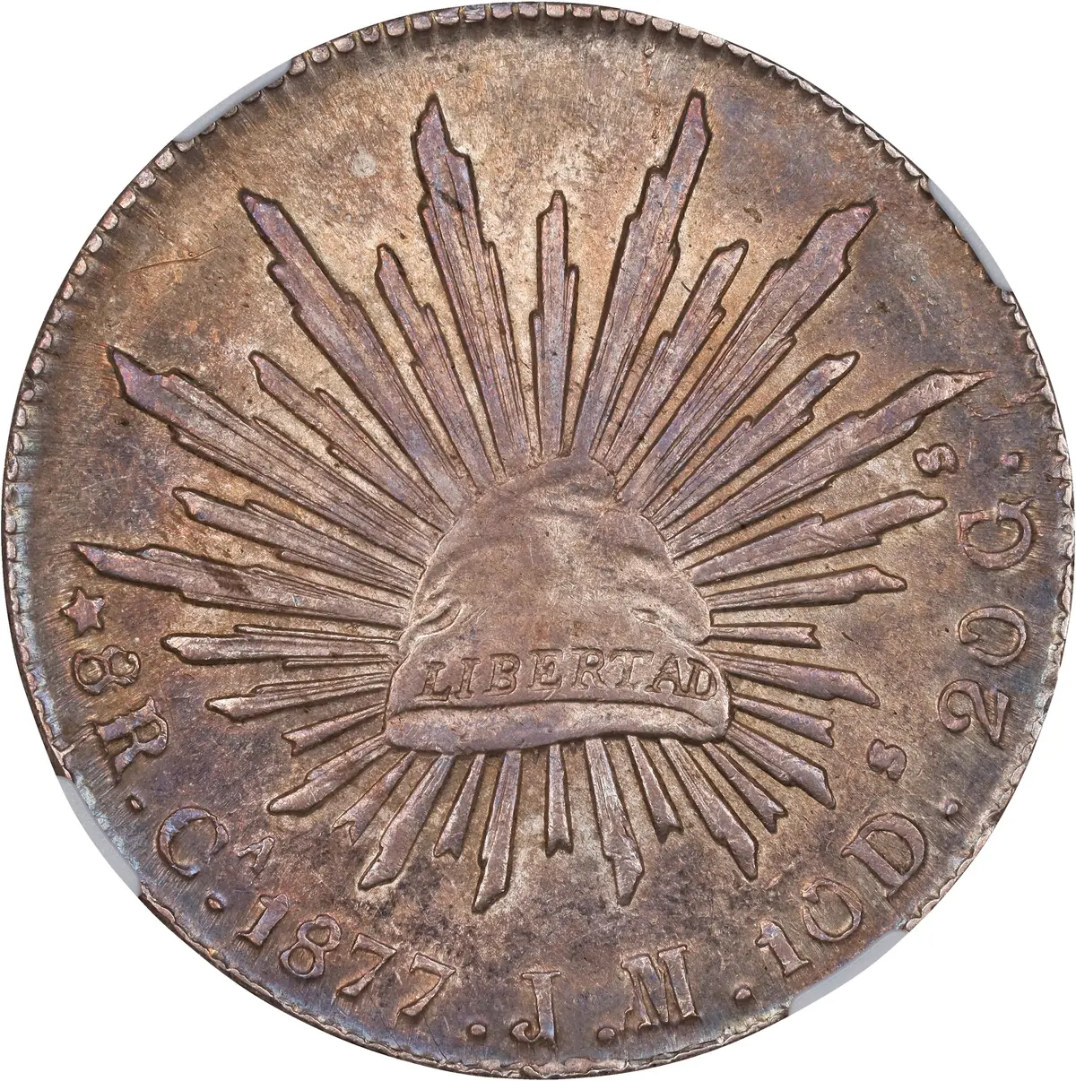 MEXICO. 8 Reales, 1877-Ca JM. Chihuahua Mint. NGC AU-58.