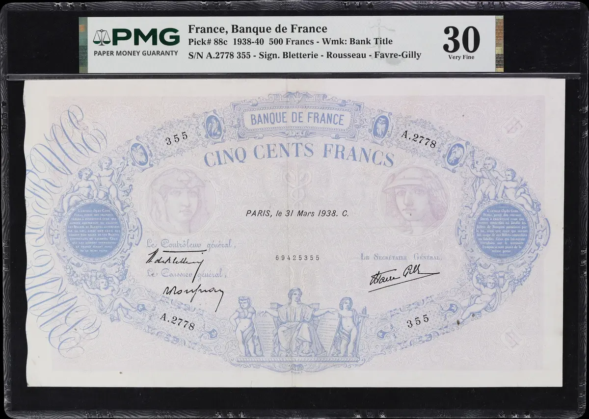 FRANCE. Banque de France. 500 Francs, 31.3.1938. P-88c. PMG Very Fine 30.