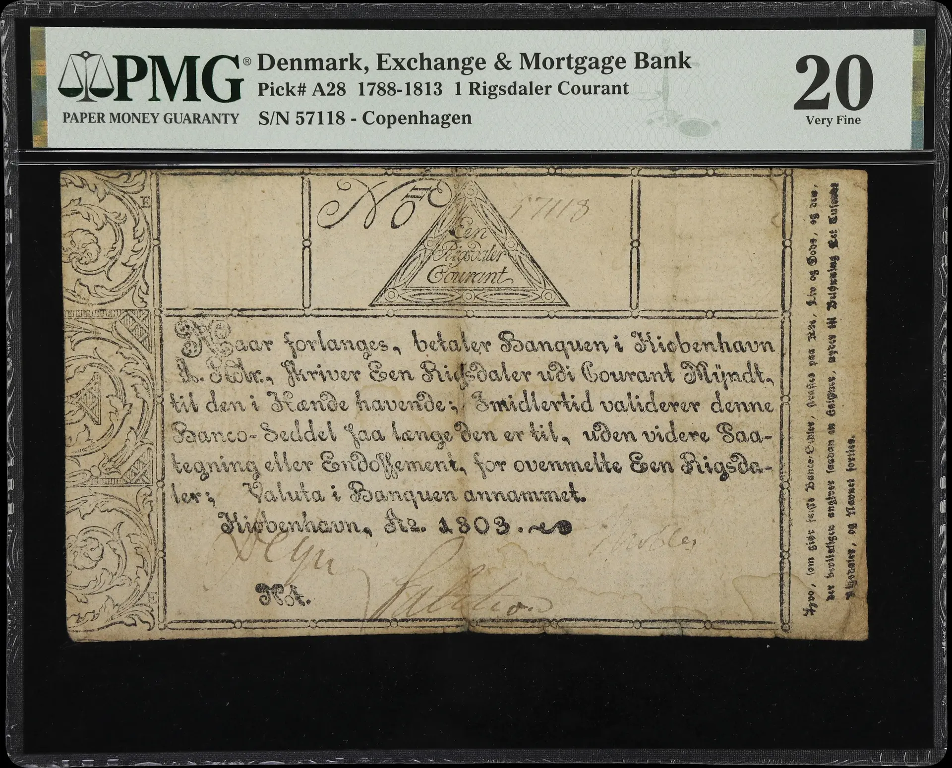 (◊) DENMARK. Exchange & Mortgage Bank. 1 Rigsdaler Courant, 1803.