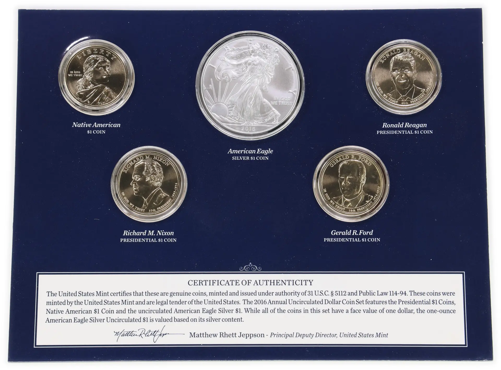 (1 oz, 31.104 g ASW). 2016 U.S. Mint Annual Uncirculated Dollar Five-Coin Set.