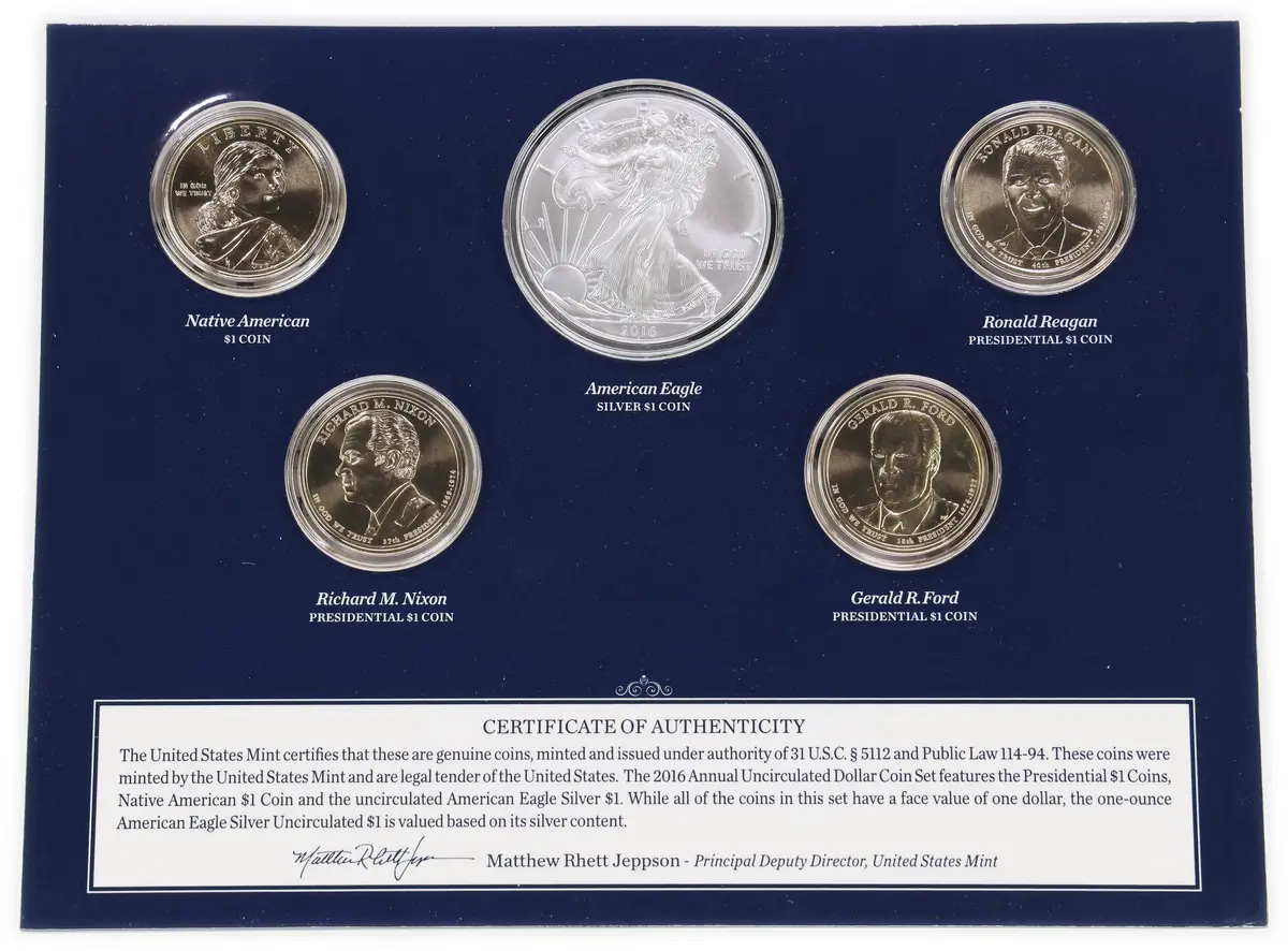 (1 oz, 31.104 g ASW). 2016 U.S. Mint Annual Uncirculated Dollar Five-Coin Set.