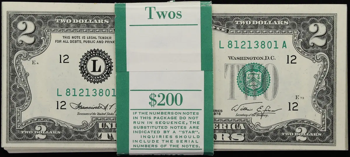 Original Pack of 100. Fr. 1935-L. 1976 $2 Federal Reserve Notes. San