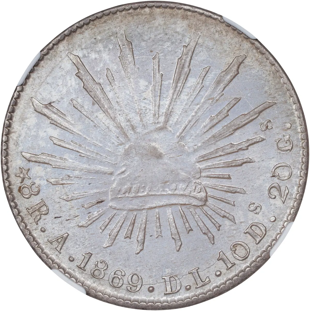 MEXICO. 8 Reales, 1869-A DL. Alamos Mint. NGC MS-63.