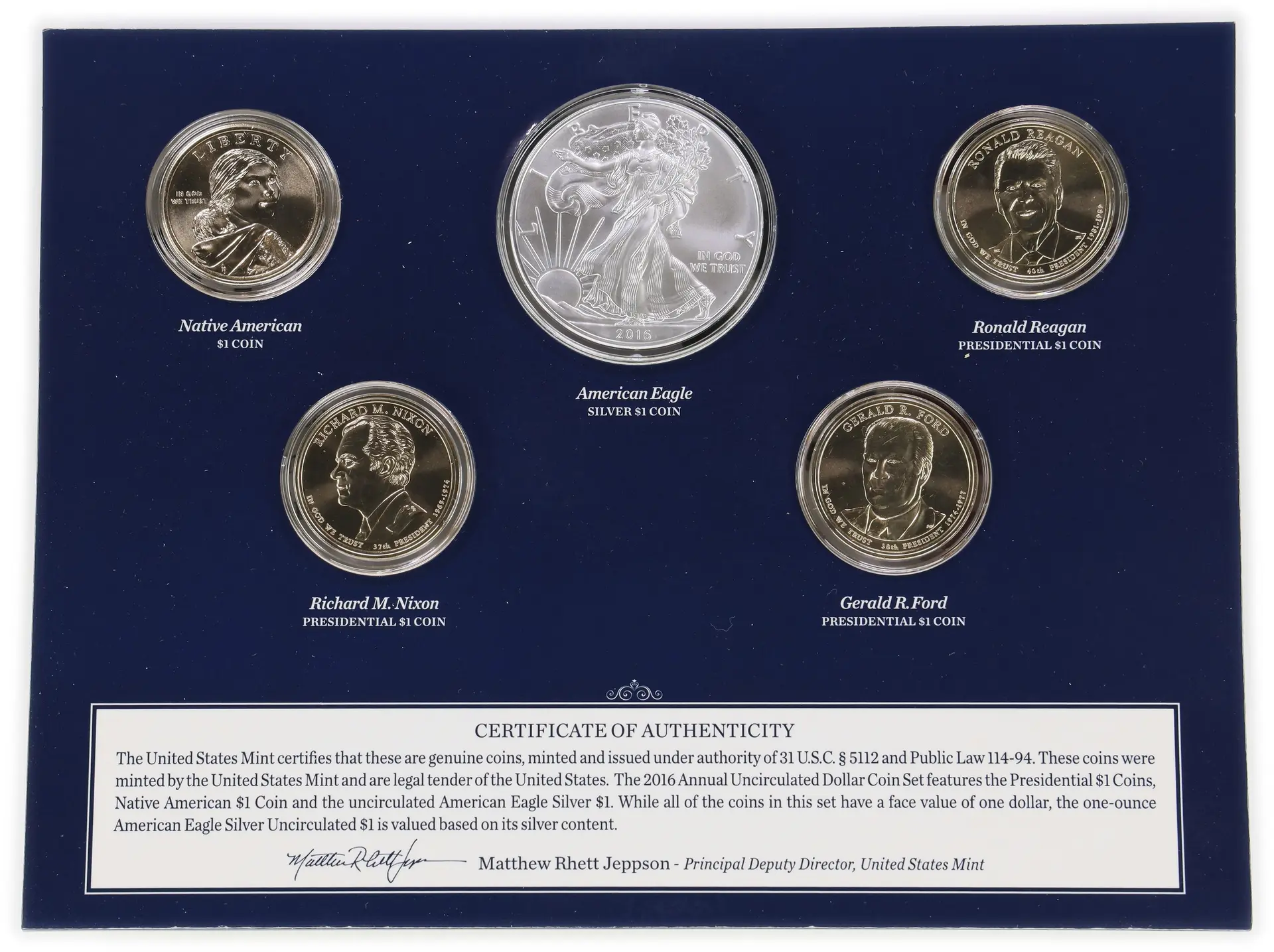 (1 oz, 31.104 g ASW). 2016 U.S. Mint Annual Uncirculated Dollar Five-Coin Set.