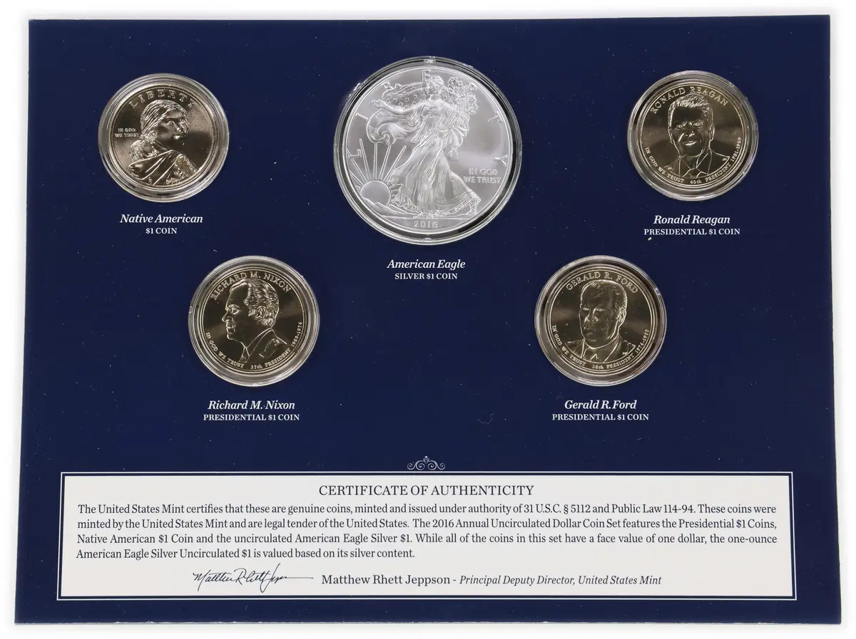 (1 oz, 31.104 g ASW). 2016 U.S. Mint Annual Uncirculated Dollar Five-Coin Set.