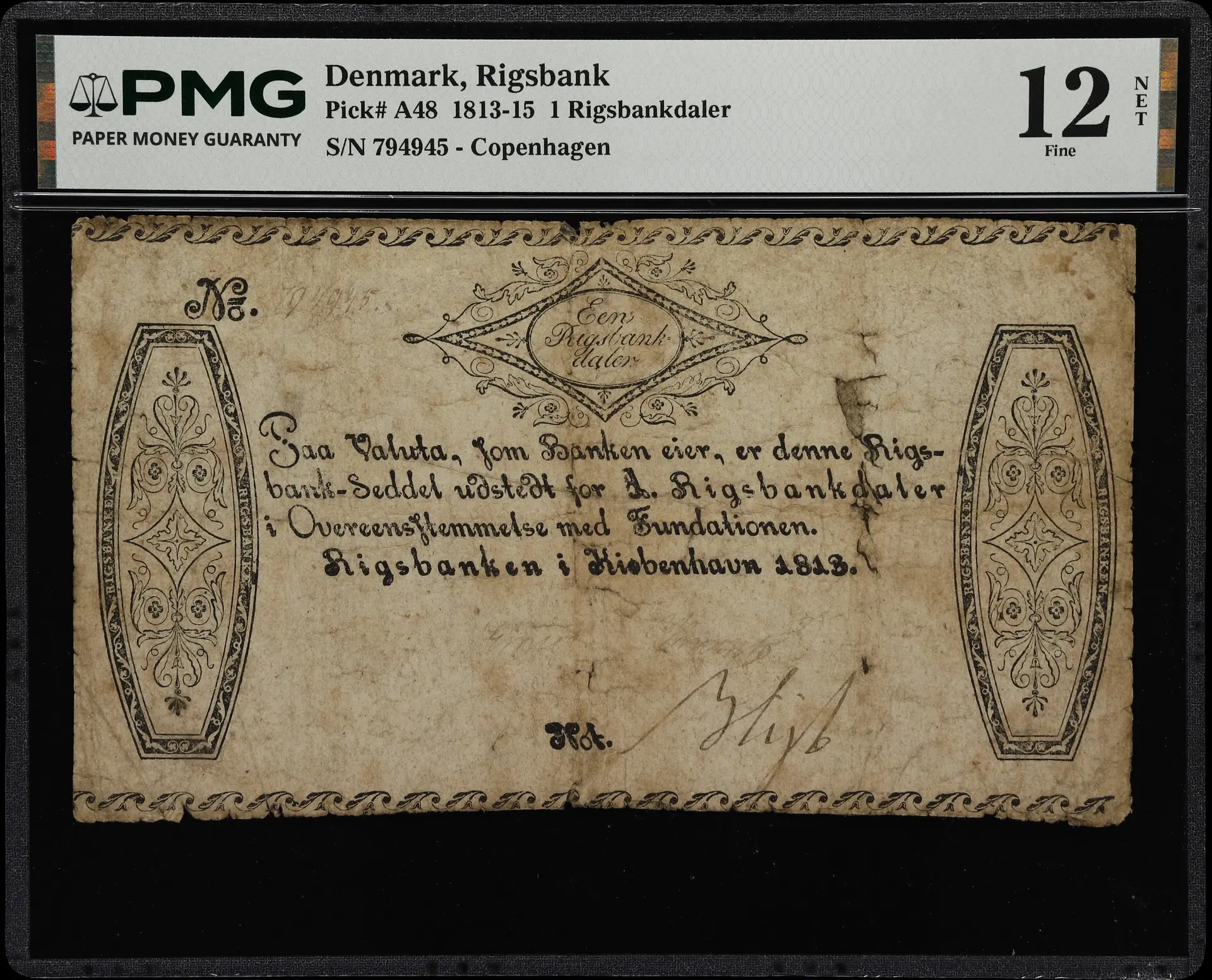 (◊) DENMARK. Rigsbanquen i Kiobenhavn. 1 Rigsbankdaler, 1813. P-A48.