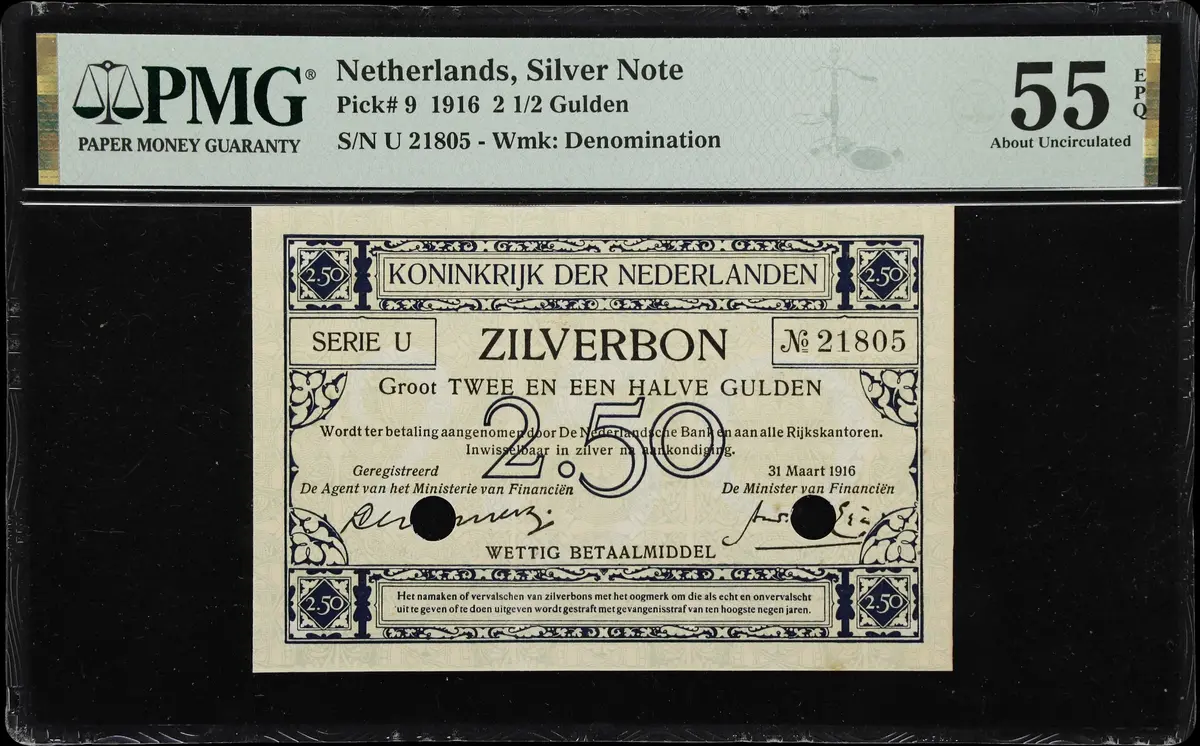 NETHERLANDS. Ministerie van Financien. 2 1/2 Gulden, 31.3.1916. P-9.