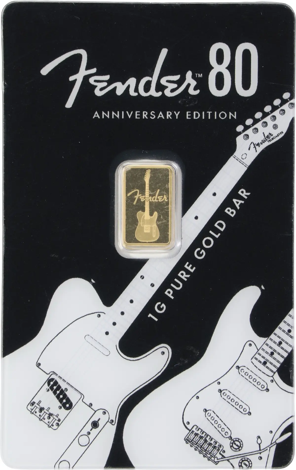 (0.032 oz, 1 g AGW). PAMP Fender 80th Anniversary 1 gram Gold Bar.
