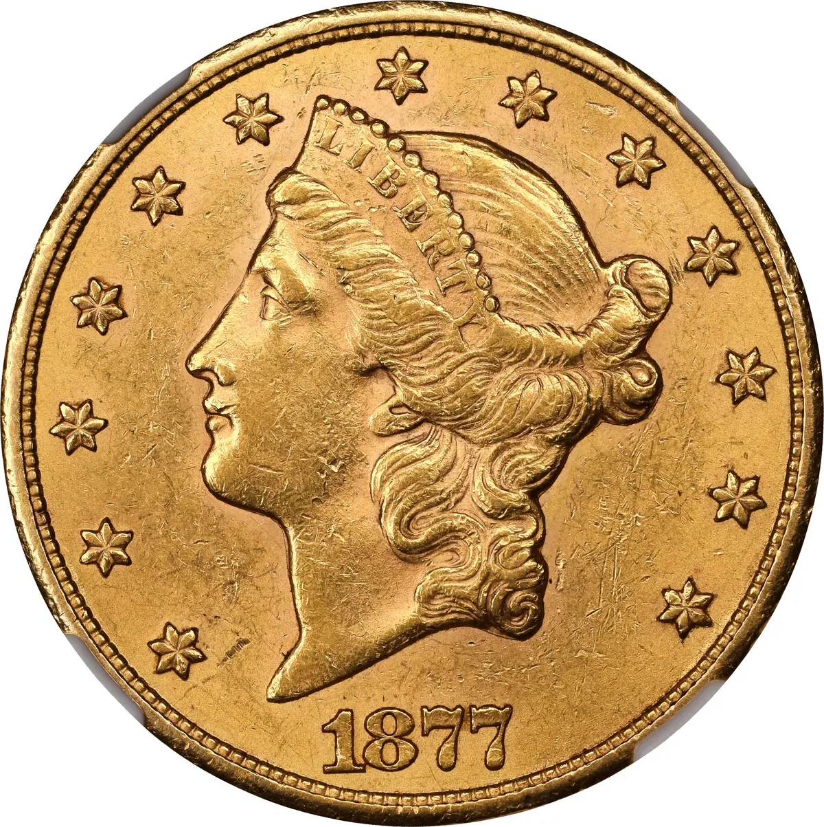 1877-CC Liberty Head Double Eagle. AU-58 (NGC). CAC.