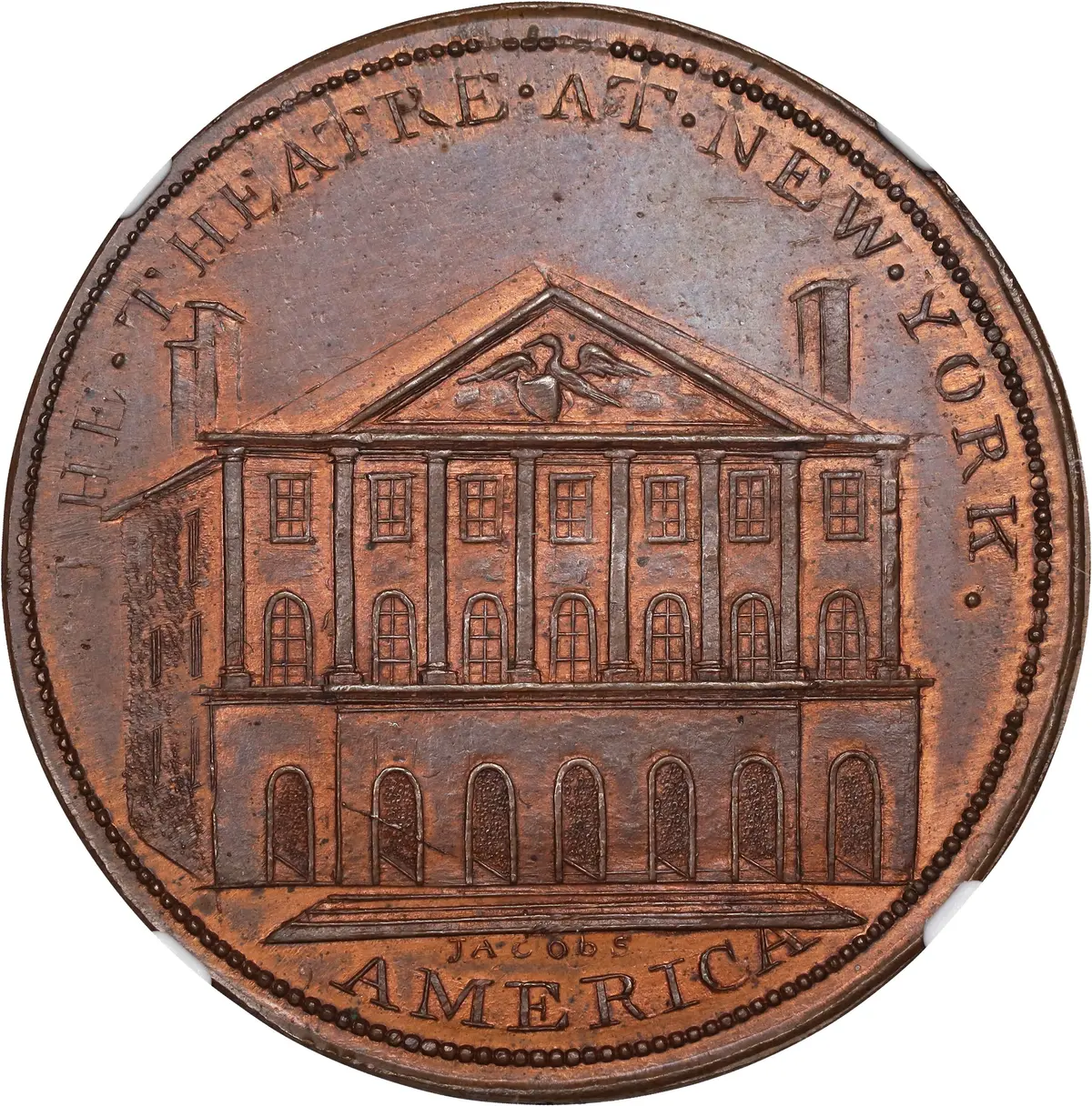 Undated (ca. 1797) Theatre at New York Token. W-9080. Rarity-6. MS-65 RB (NGC).