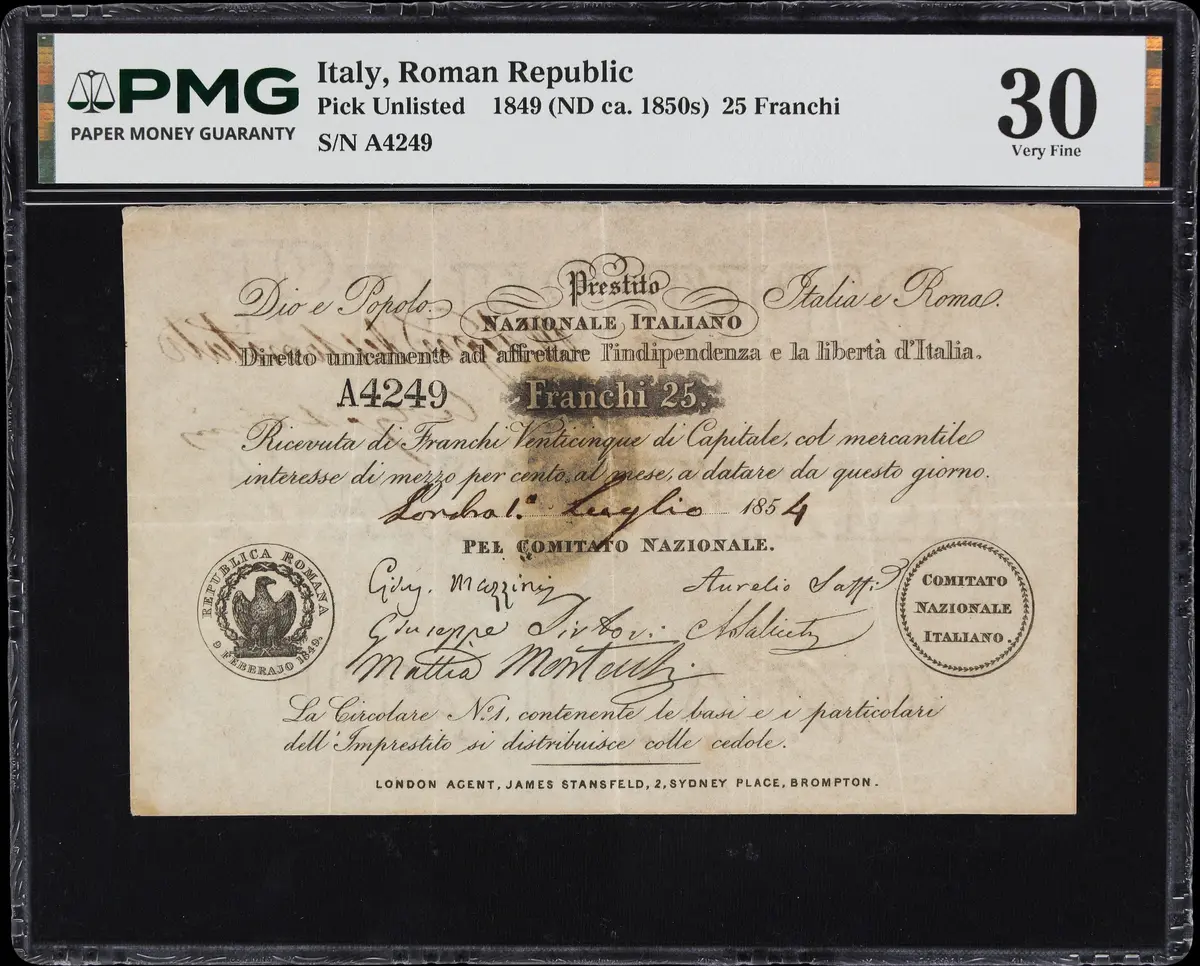 ITALY. Roman Republic. 25 Franchi, 1849 (ND ca. 1850s). P-Unlisted.