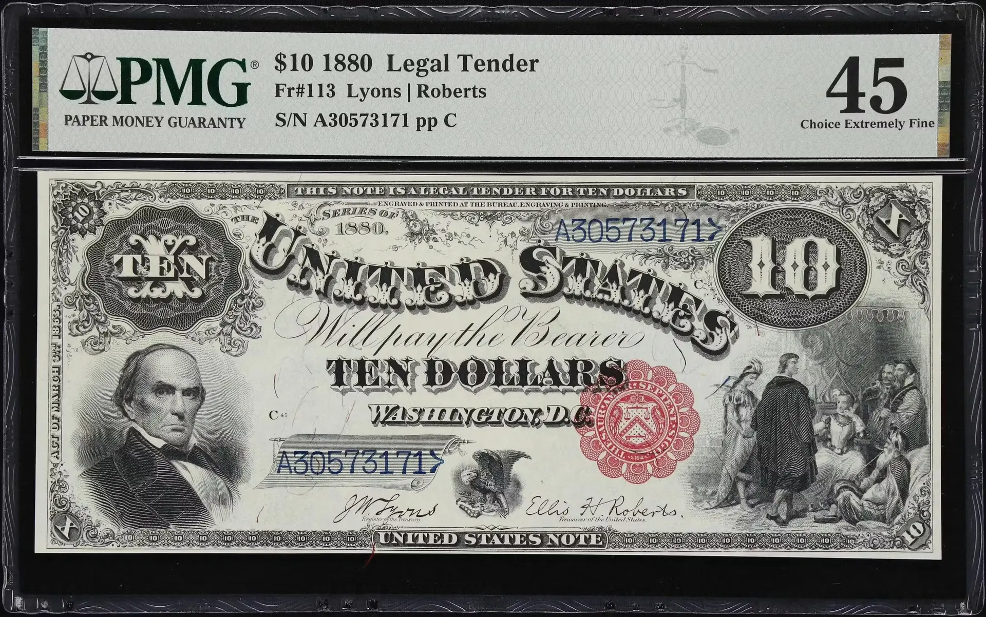 Fr. 113. 1880 $10 Legal Tender Note. PMG Choice Extremely Fine 45.