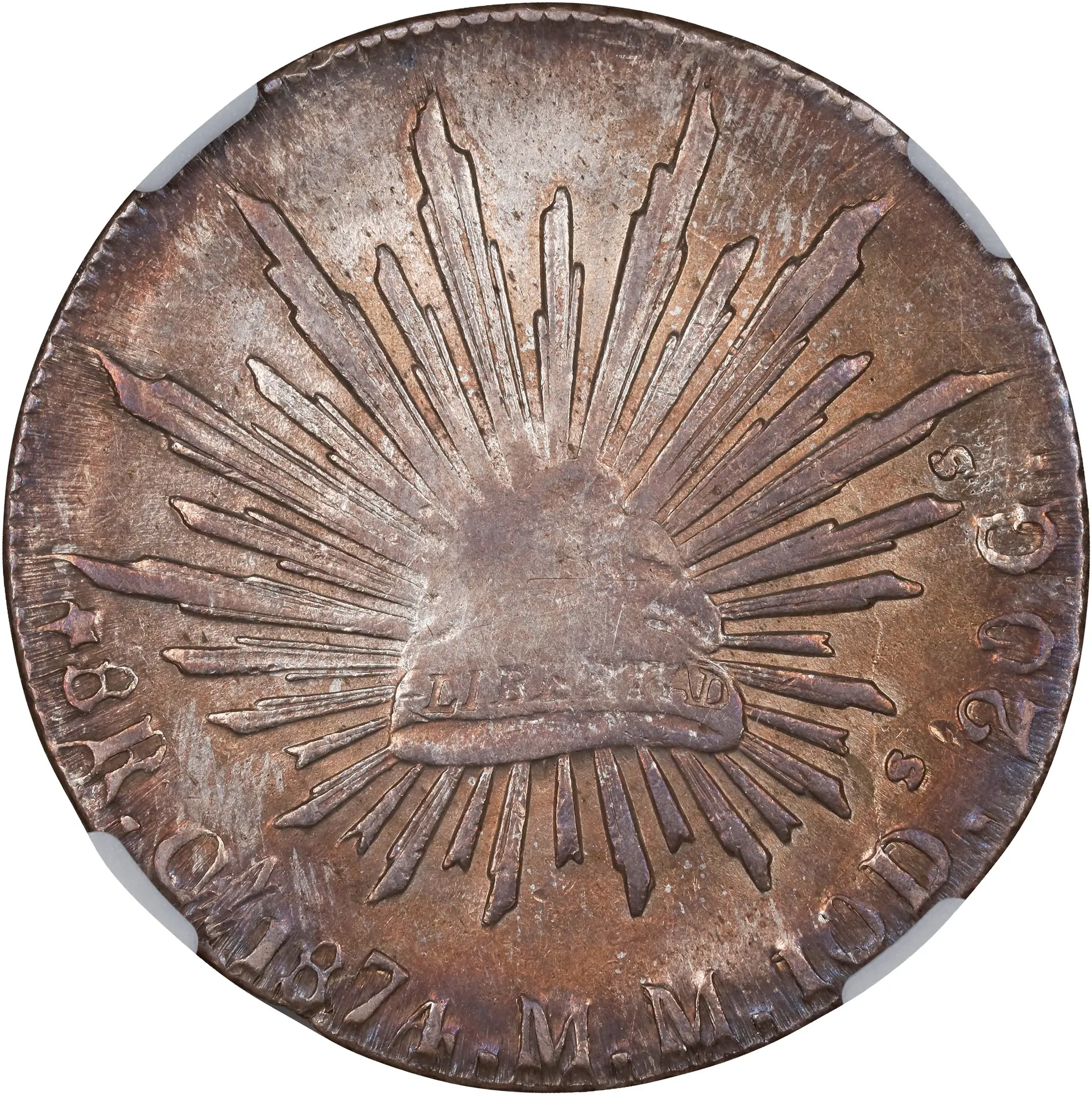 MEXICO. Mint Error -- On Defective Planchet -- 8 Reales, 1874-Ca MM.