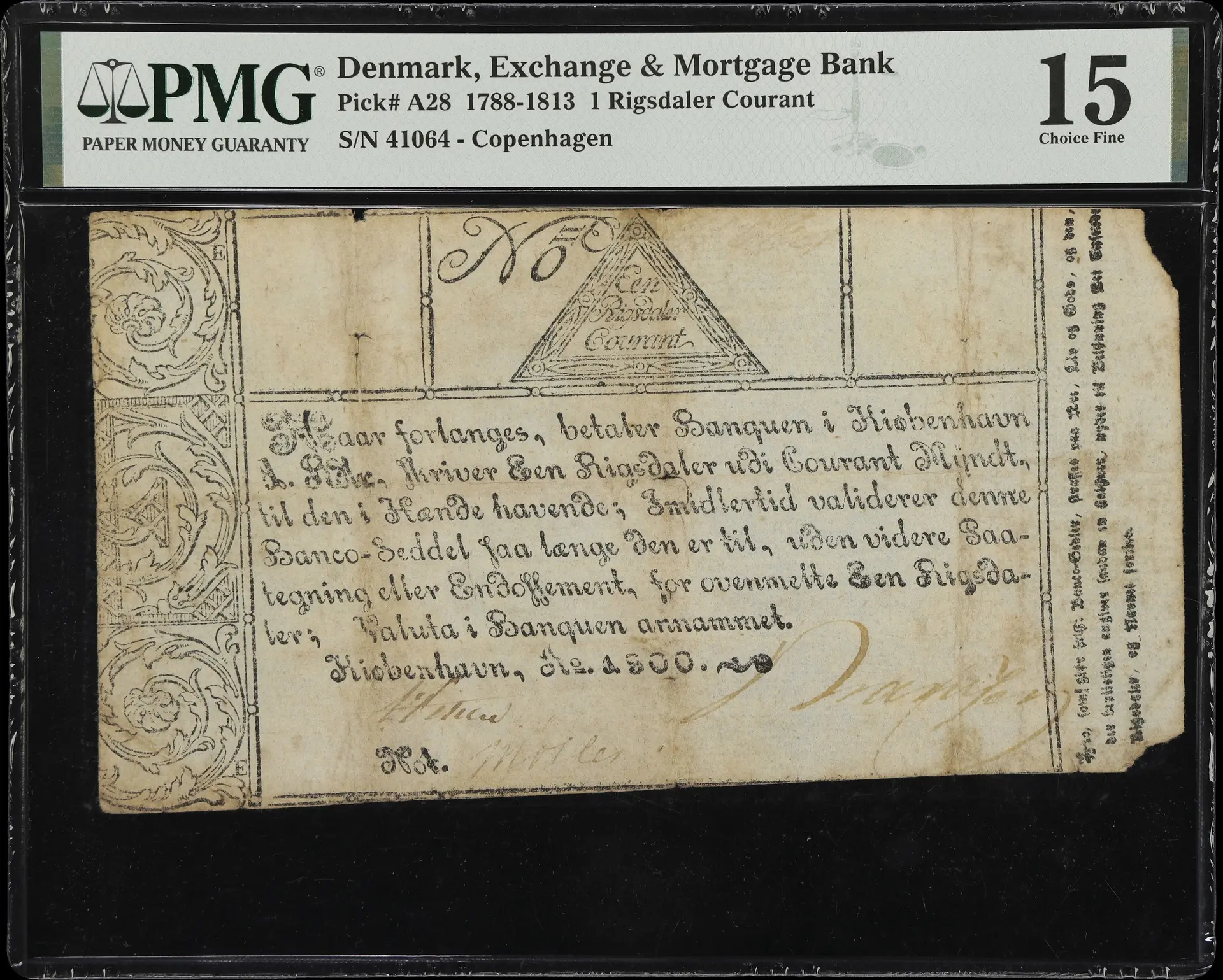 (◊) DENMARK. Exchange & Mortgage Bank. 1 Rigsdaler Courant, 1800.