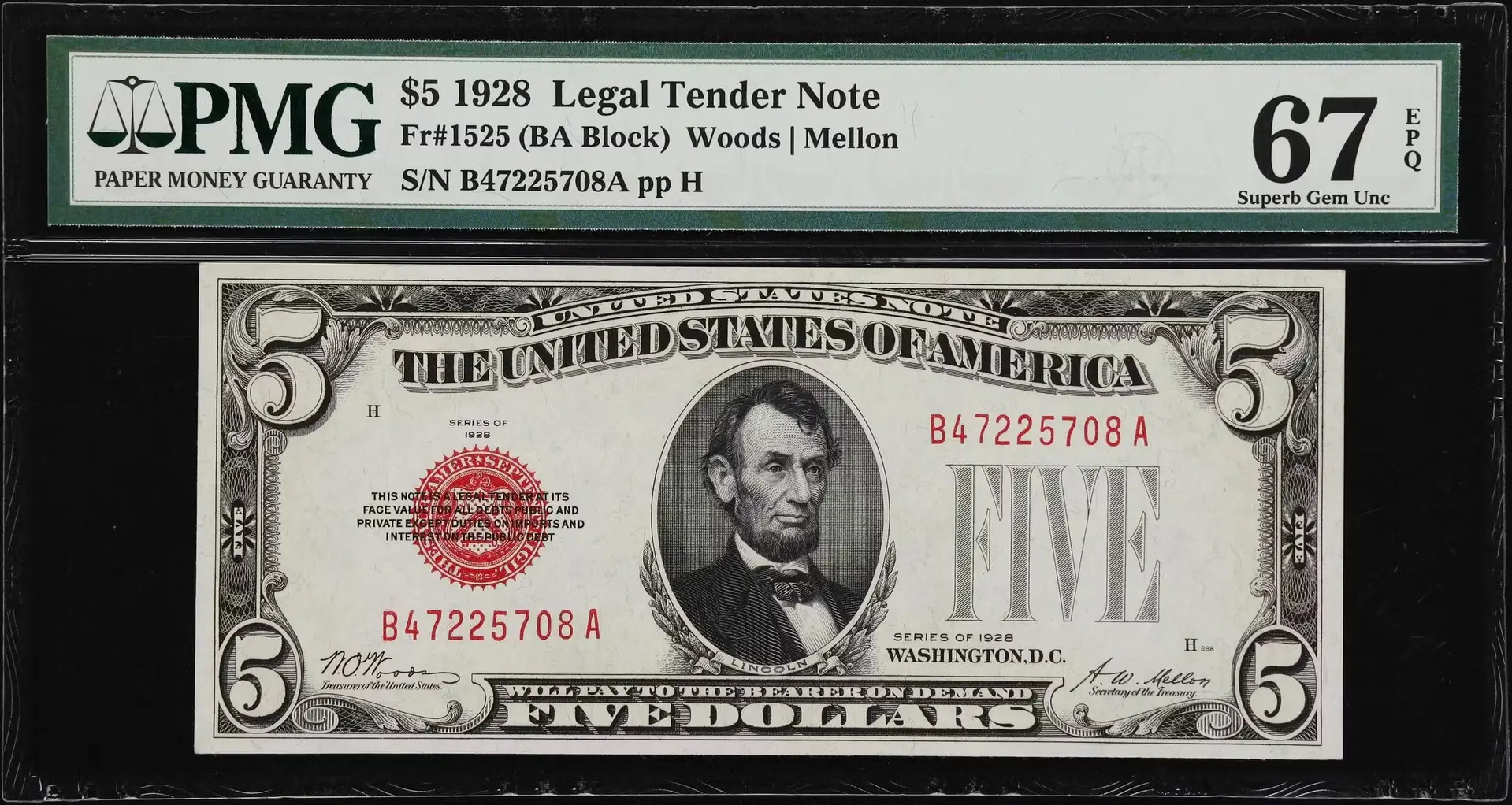 Fr. 1525. 1928 $5 Legal Tender Note. PMG Superb Gem Uncirculated 67 EPQ.