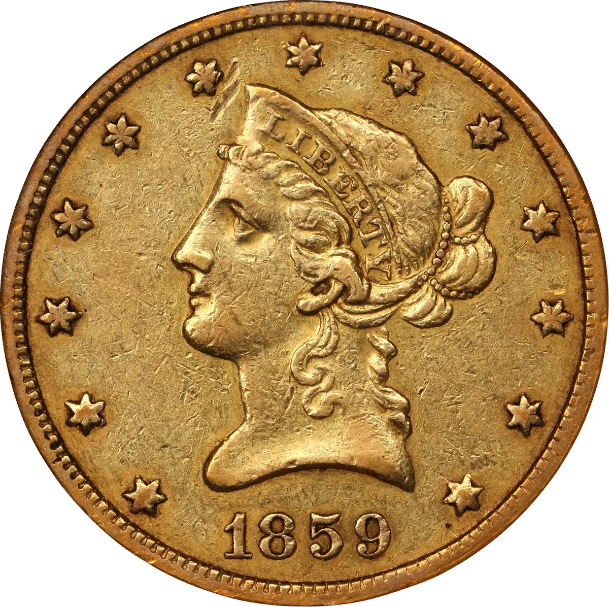 1859-O Liberty Head Eagle. Winter-1. AU-55 (NGC).