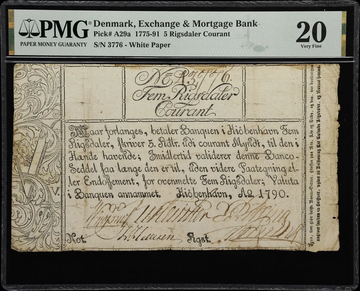 (◊) DENMARK. Exchange & Mortgage Bank. 5 Rigsdaler Courant, 1790.