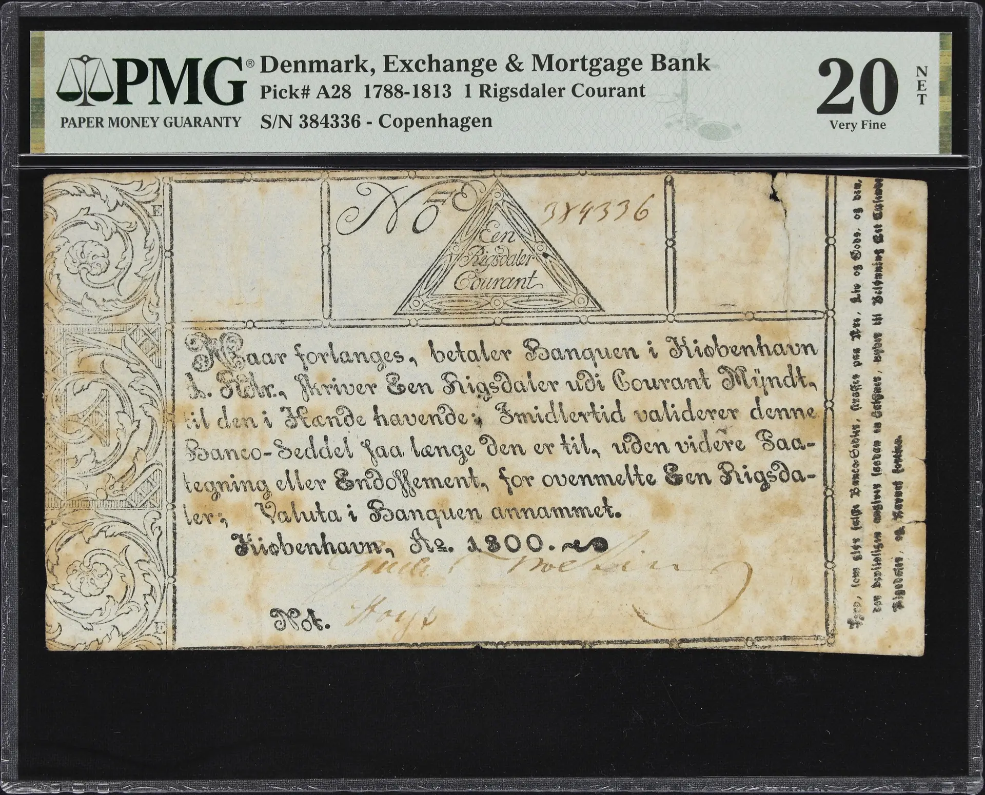 (◊) DENMARK. Exchange & Mortgage Bank. 1 Rigsdaler Courant, 1800.