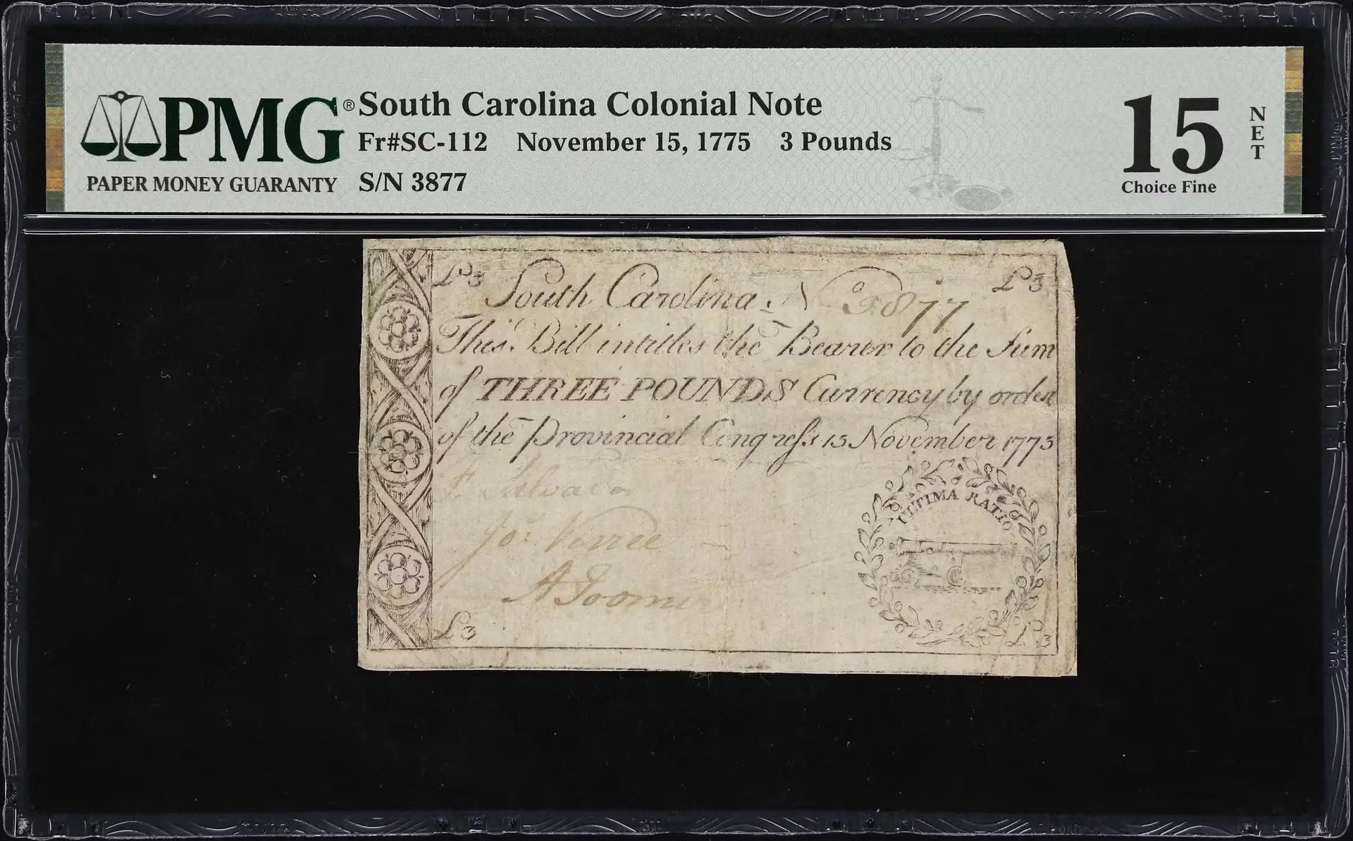 SC-112. South Carolina. November 15, 1775. 3 Pounds. PMG Choice Fine