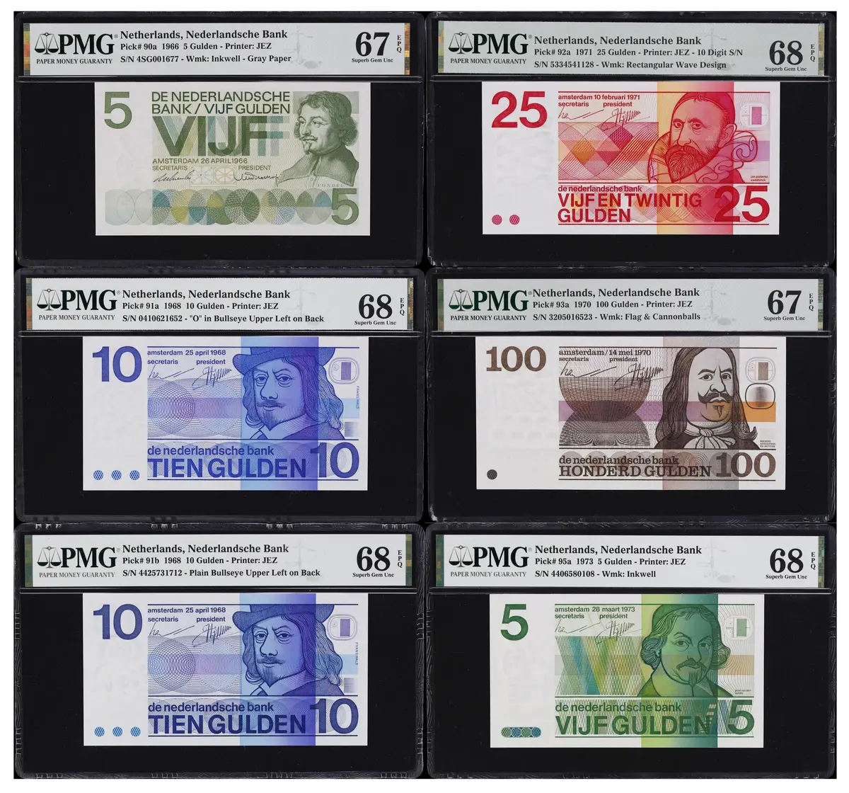 (◊) NETHERLANDS. Lot of (6). Nederlandsche Bank. 5, 10, 25 & 100 Gulden