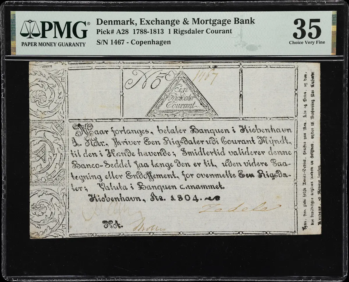 (◊) DENMARK. Exchange & Mortgage Bank. 1 Rigsdaler Courant, 1804.