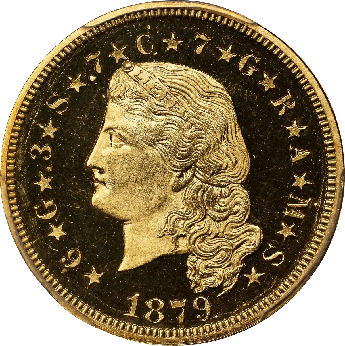 1879 Four-Dollar Gold Stella. Flowing Hair. Judd-1635, Pollock-1833