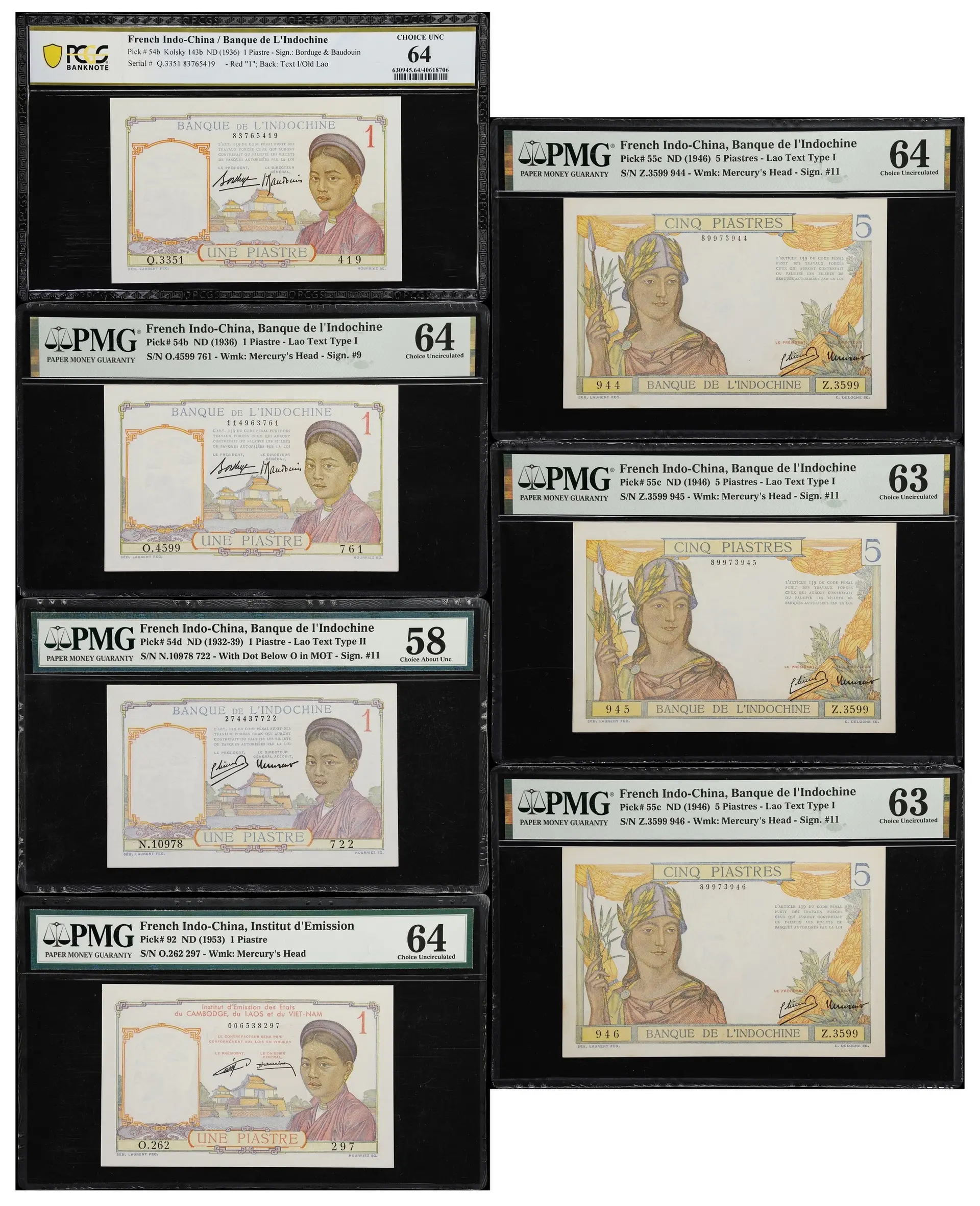 FRENCH INDO-CHINA. Lot of (7). Banque de l'Indochine. 1 & 5 Piastres