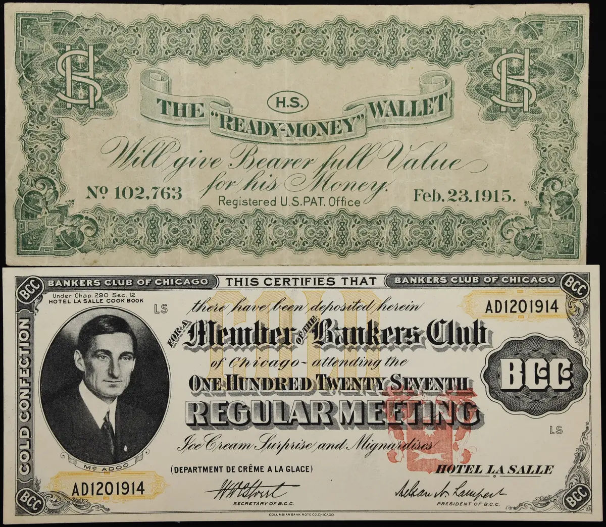 Lot of (2) Advertising Notes. Bankers Club of Chicago & "Ready Money"