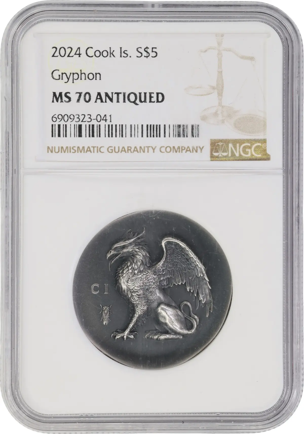 (1 oz, 31.104 g ASW). Cook Islands. 2024 1 oz Silver Gryphon $5. MS-70