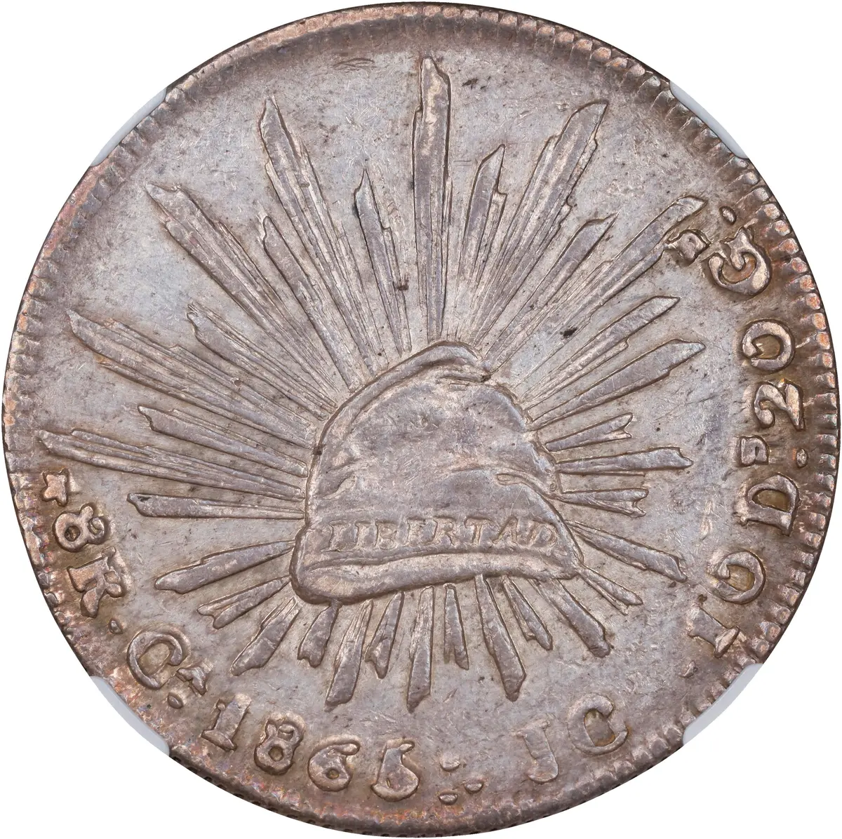 MEXICO. 8 Reales, 1865-Ca JC. Chihuahua Mint. NGC AU-58.