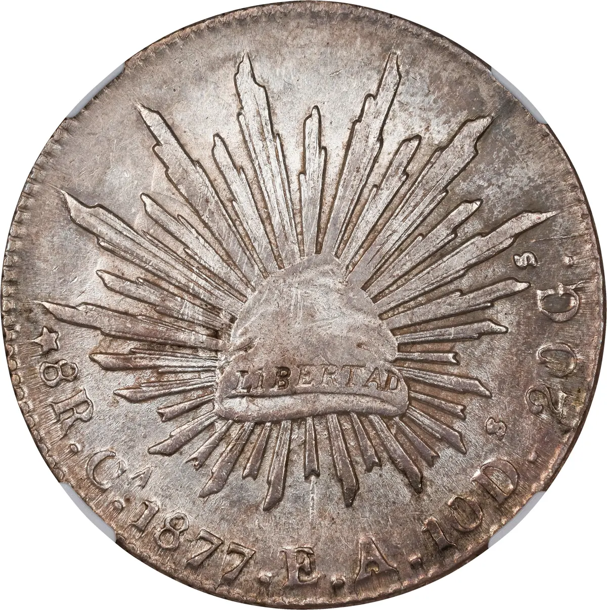 MEXICO. 8 Reales, 1877-Ca EA. Chihuahua Mint. NGC AU-55.
