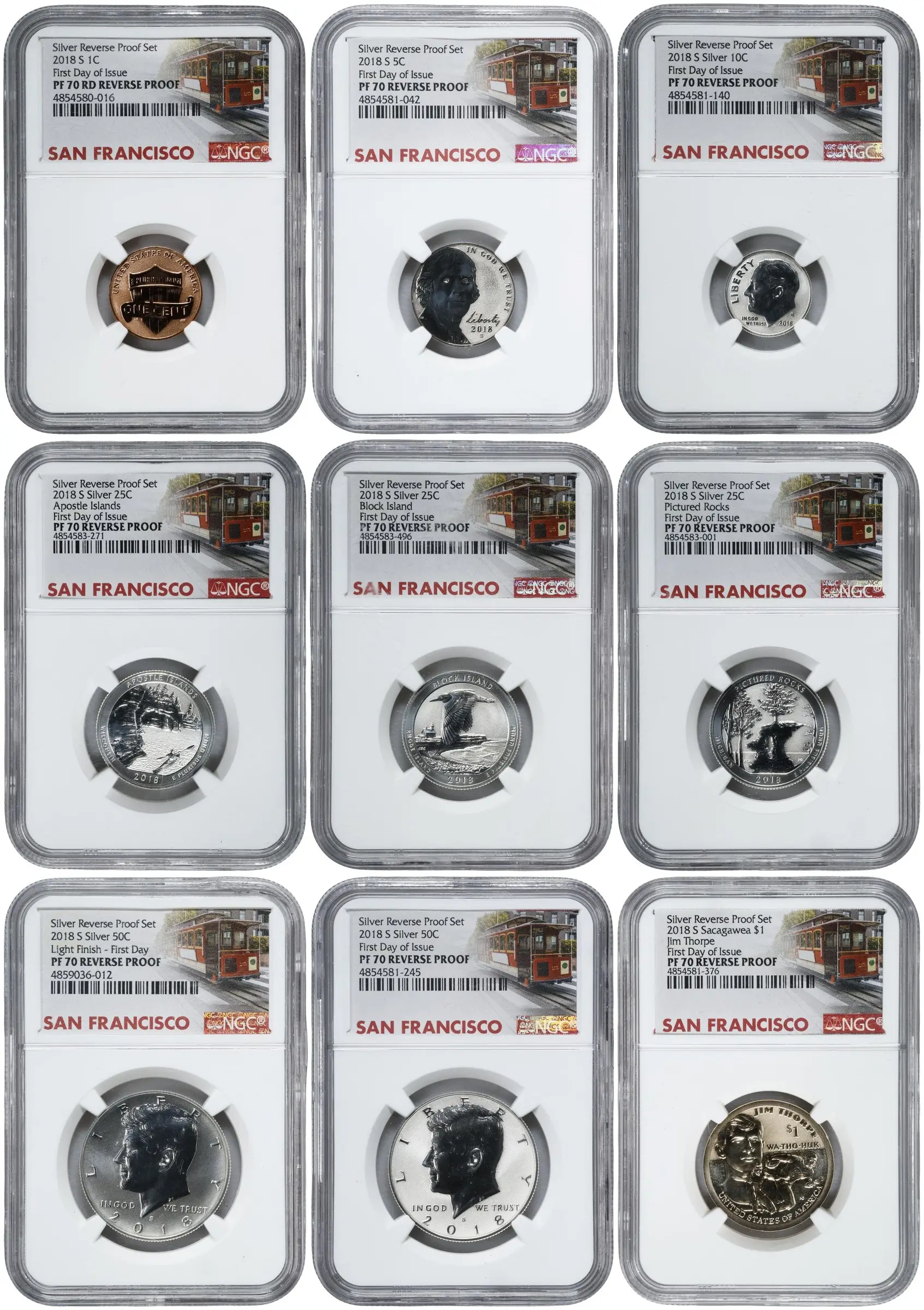 Partial 2018-S Silver Reverse Proof Set. First Day of Issue. Proof-70