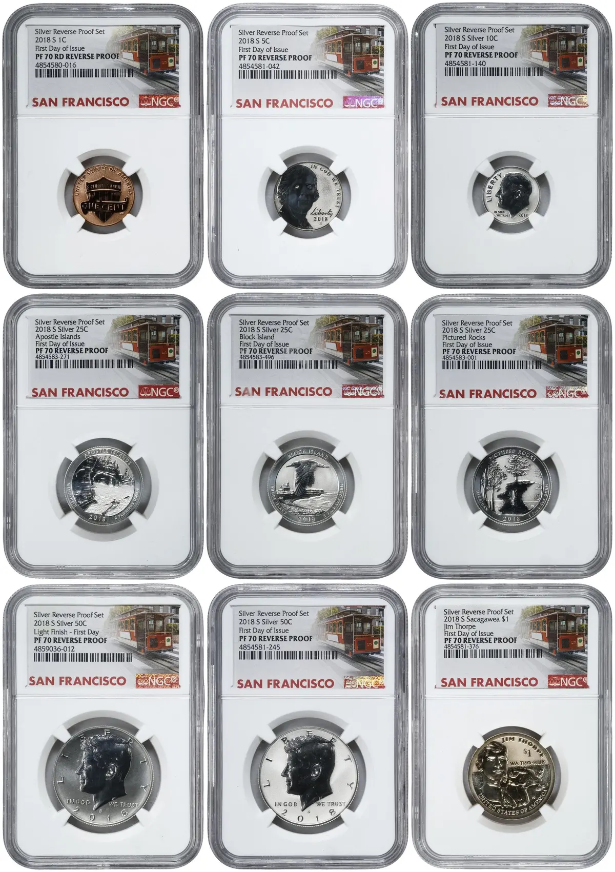 Partial 2018-S Silver Reverse Proof Set. First Day of Issue. Proof-70
