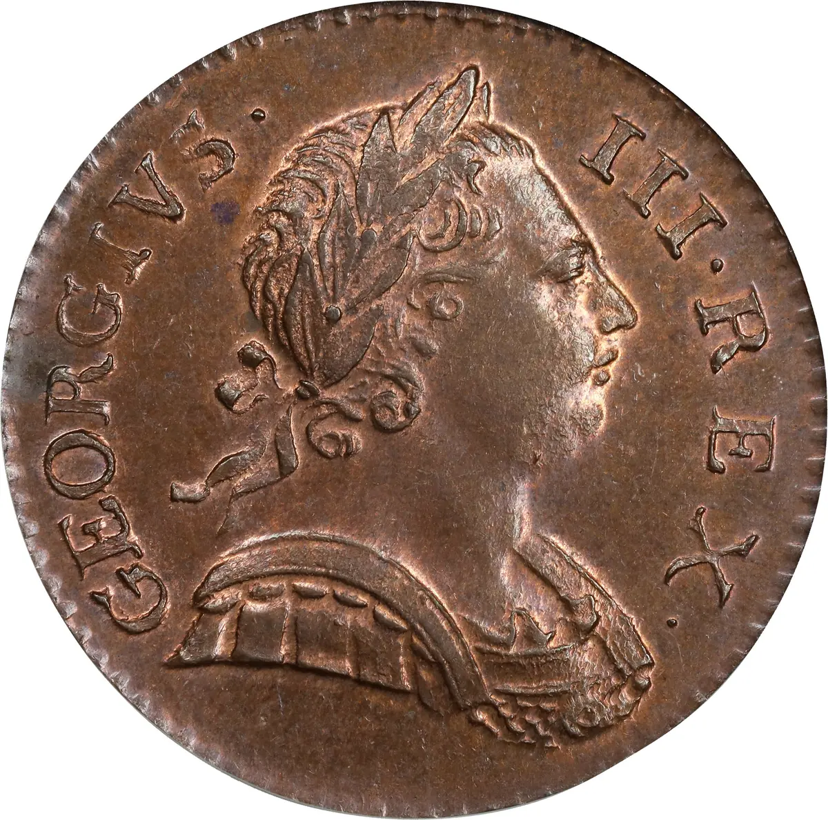 GREAT BRITAIN. 1/2 Penny, 1773. London Mint. George III. PCGS MS-64 Red Brown.