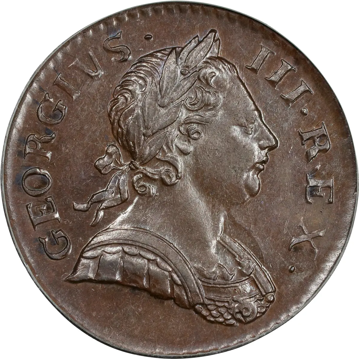 GREAT BRITAIN. 1/2 Penny, 1772. London Mint. George III. PCGS MS-60 Brown.